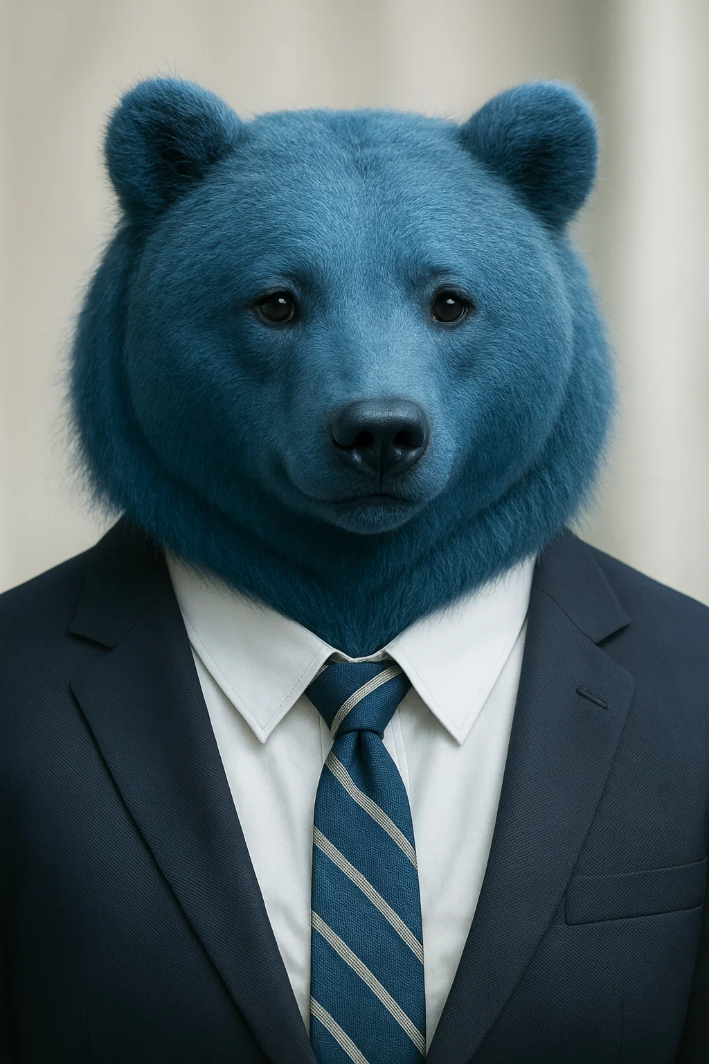 Blue bear head on a human body wearing a dark suit, white shirt, and striped tie.