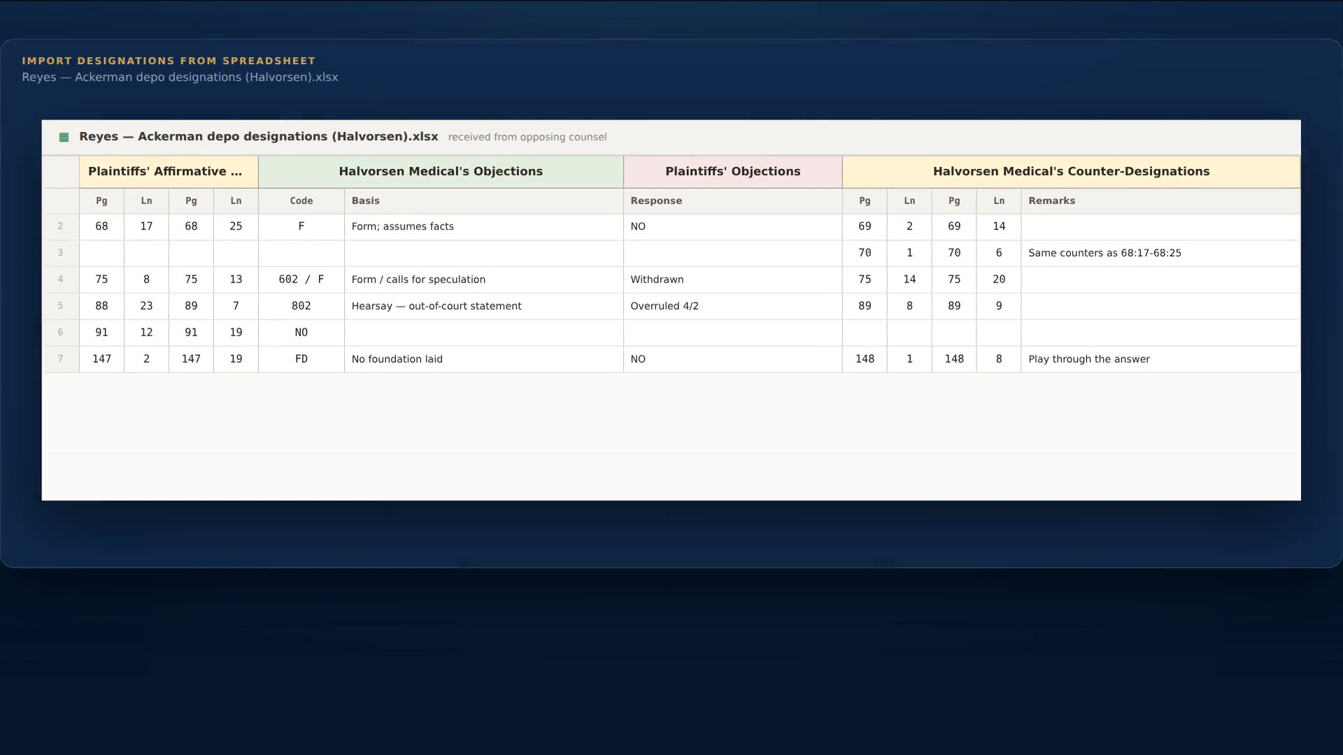 Importing opposing counsel's designation workbook into DepoHub with column mapping in the preview