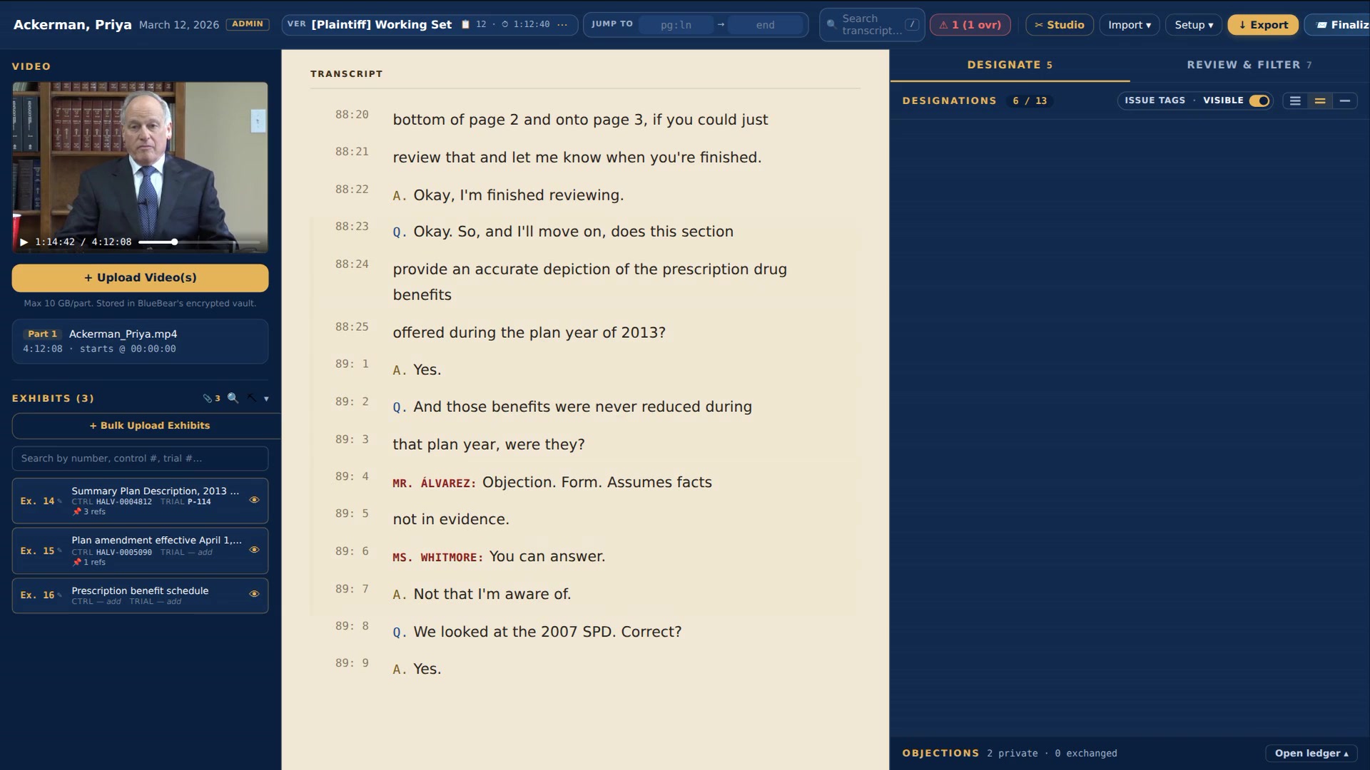 The DepoHub designation workspace showing synchronized video, the transcript and the designation set for one witness