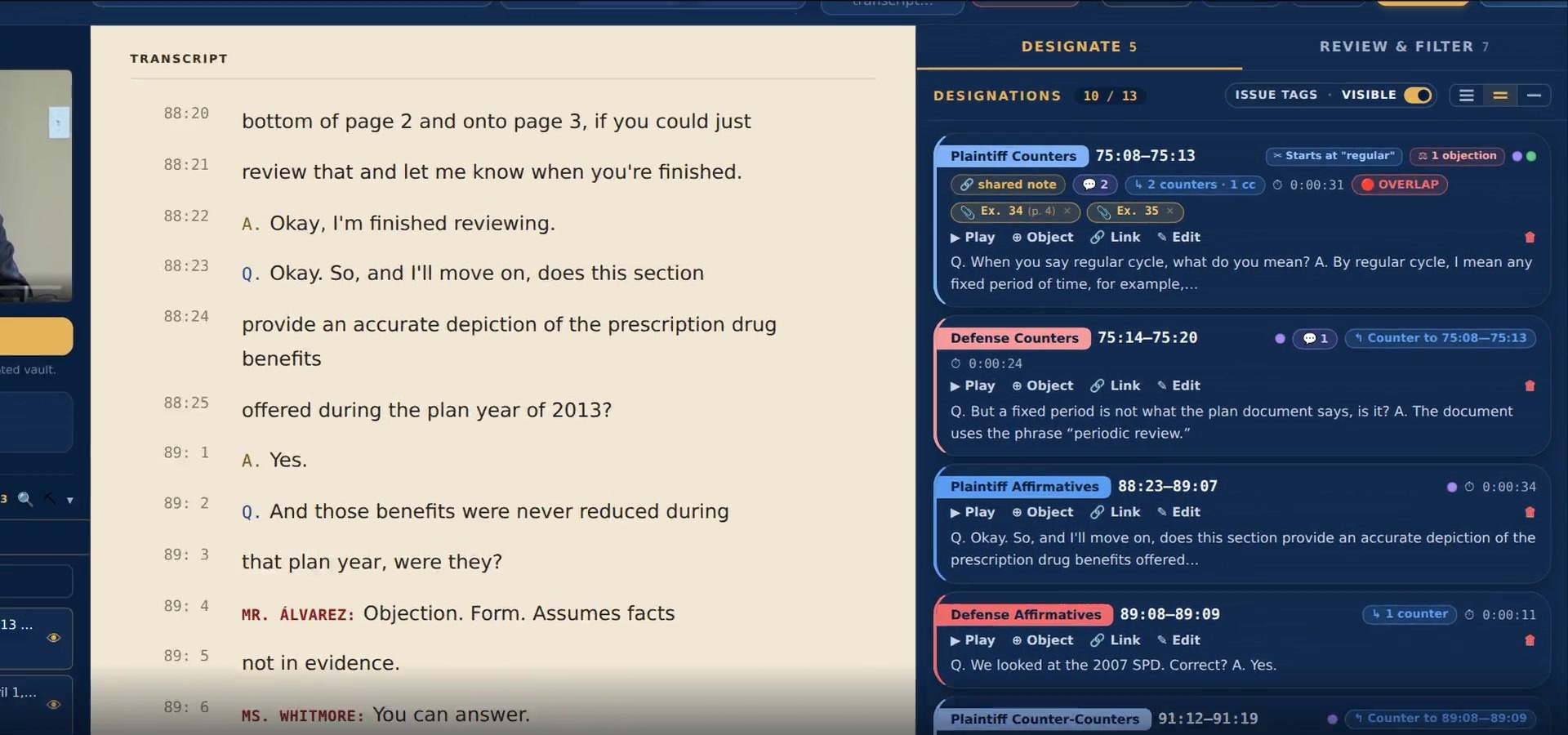 Designating testimony in DepoHub, with the transcript on the left and the designation set with counters, exhibits and issue tags on the right