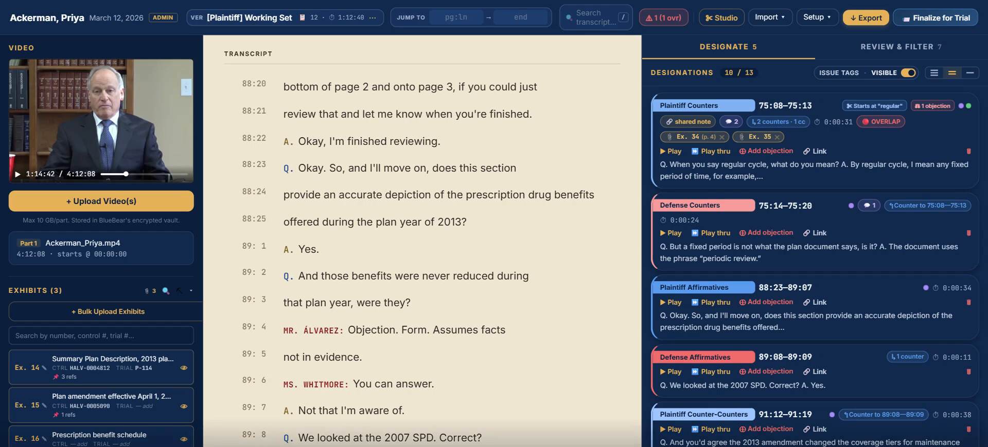 A designation in DepoHub showing its page and line range, attached exhibits, counters and objection status