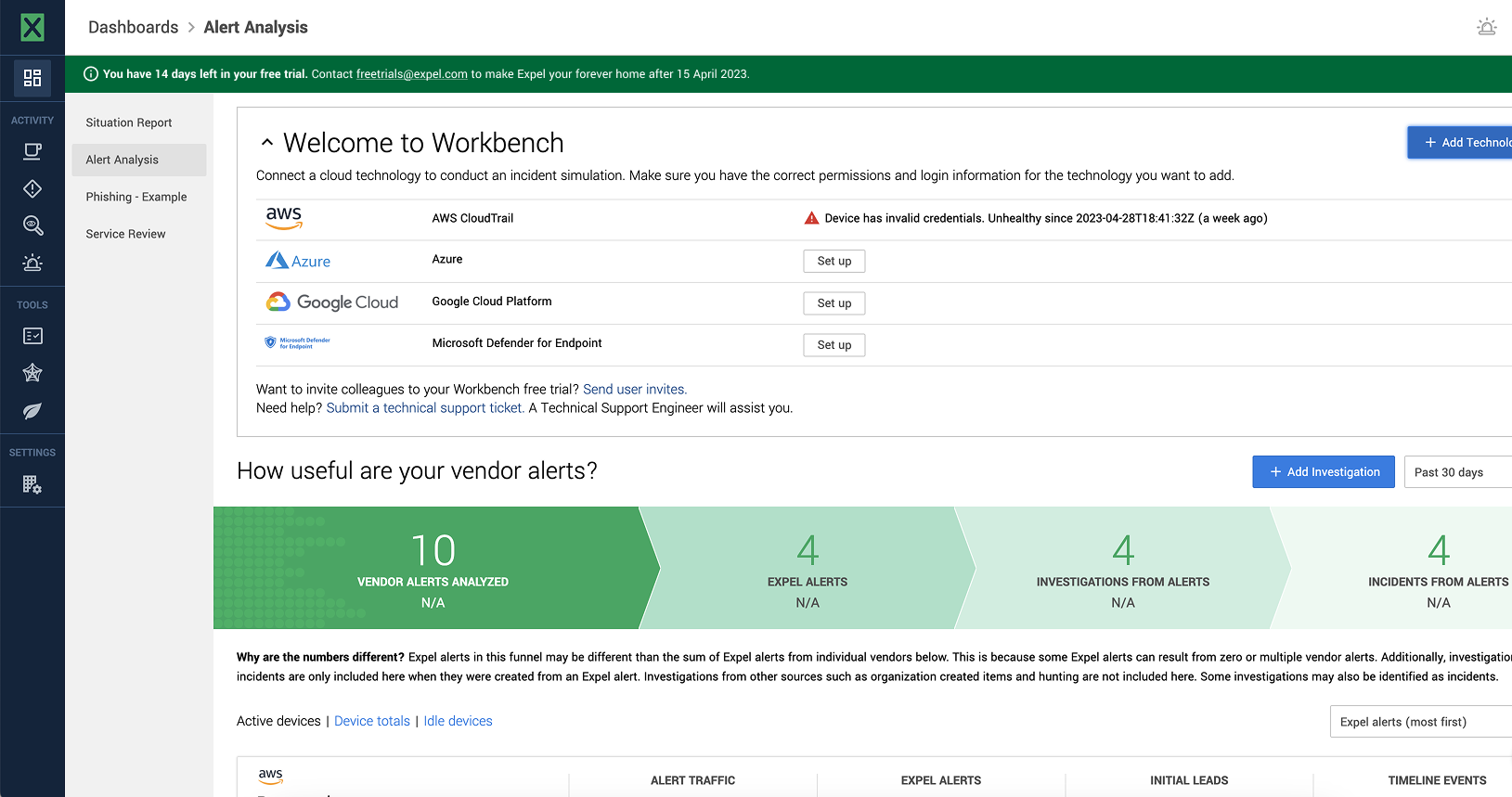 Snapshot of the dashboard of Expel Workbench with a banner talking about the free trial