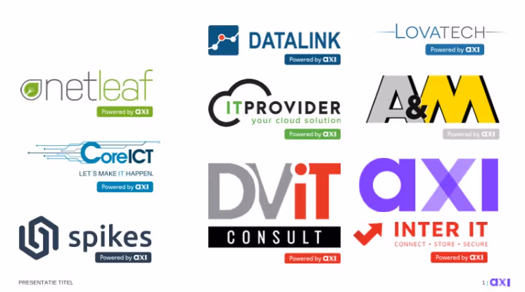 Grid of logos for technology companies including Netleaf, CoreICT, Spikes, Datalink, ITProvider, Lovatech, A&M, DViT Consult, and AXI Inter IT, each marked as powered by AXI.