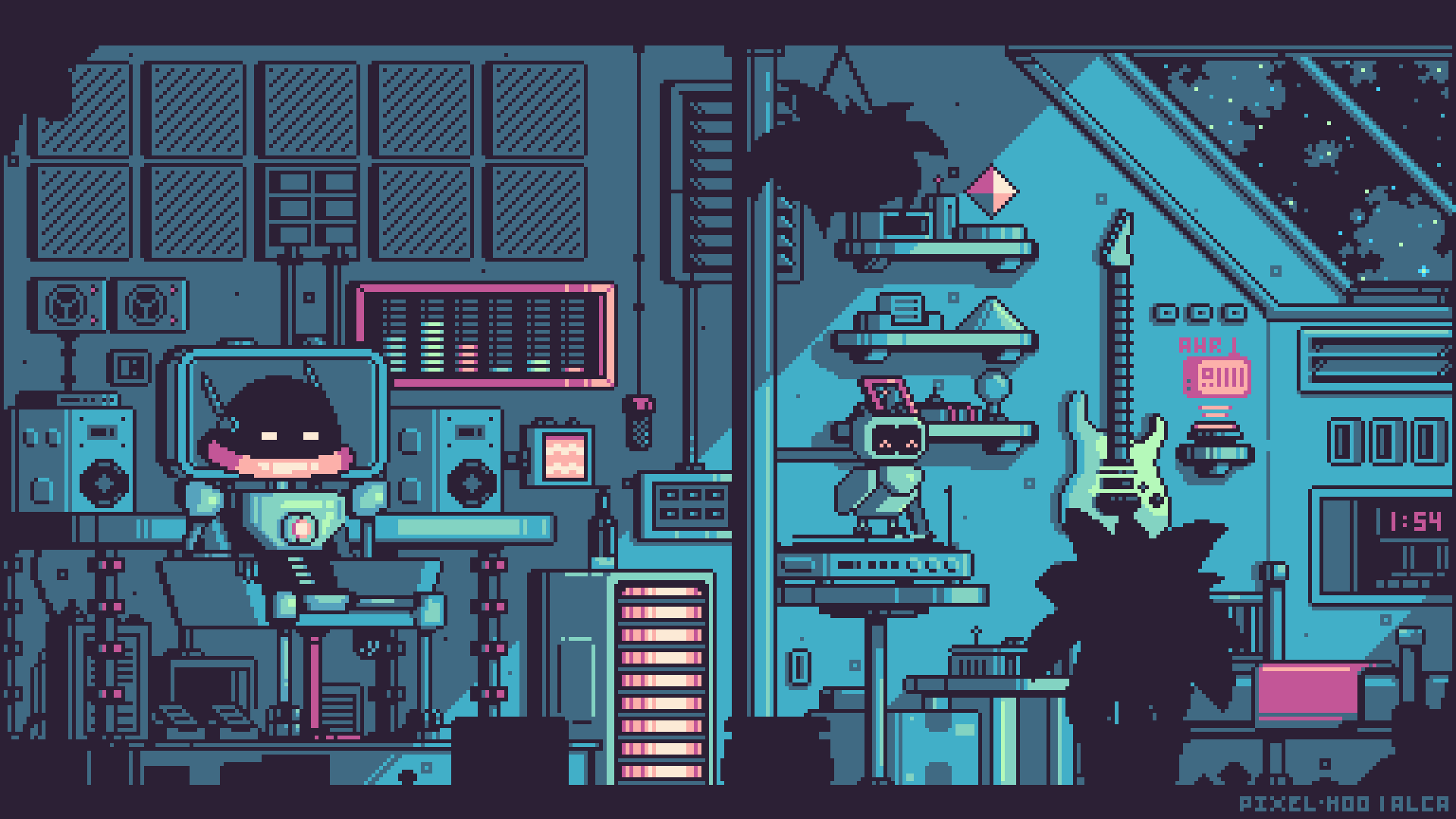 An animated gif of a retro looking animation with spinning robots that look futuristic
