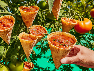 A spoon pours hot soup into a cone
