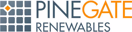Pine gate renewables logo in black and orange on white background.