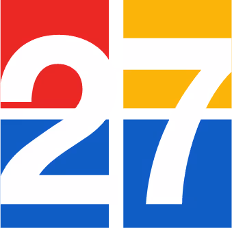Stylized number 27 with sections colored red, yellow, and blue divided by white borders.