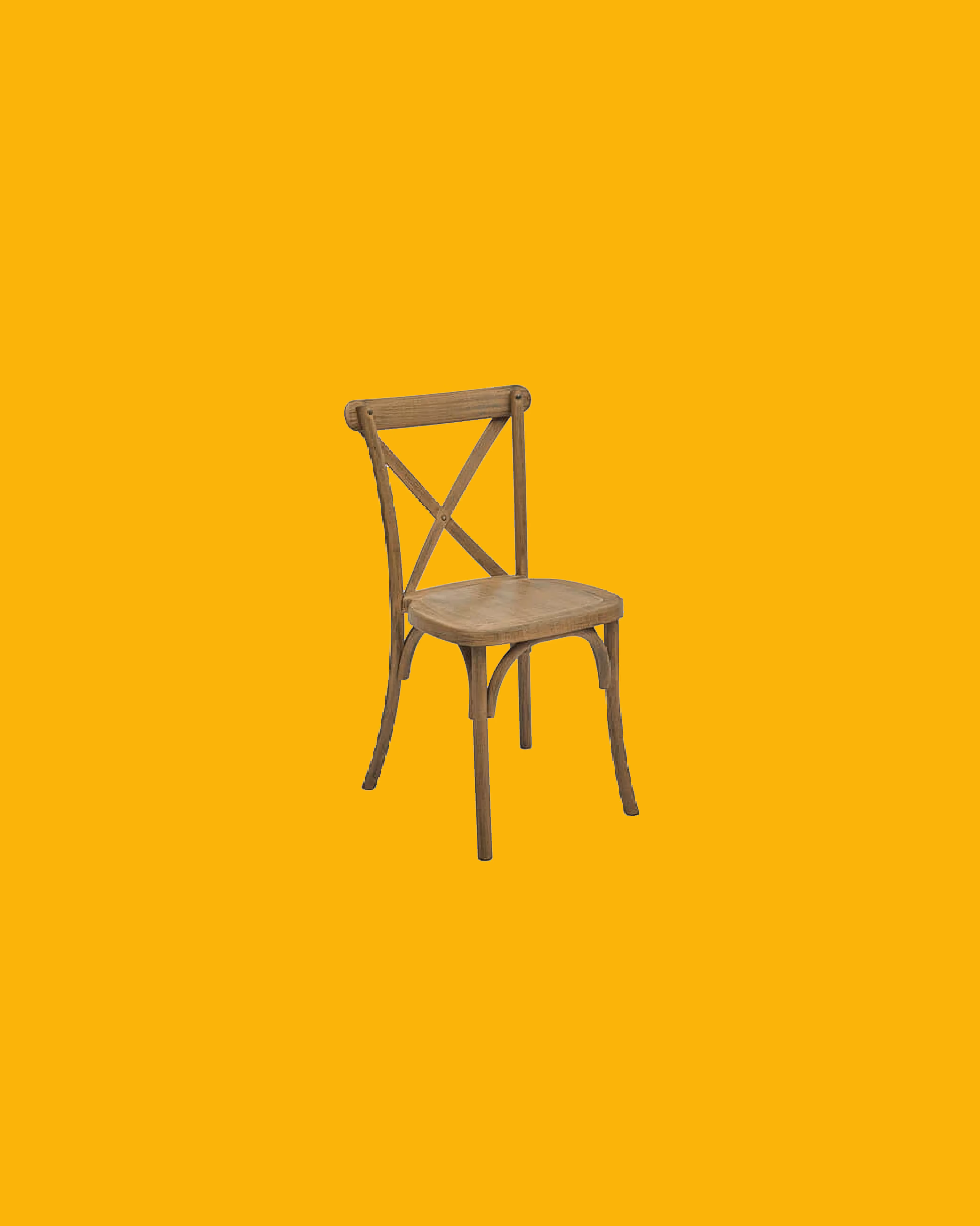 Wooden chair with an X-shaped backrest on a solid mustard yellow background.
