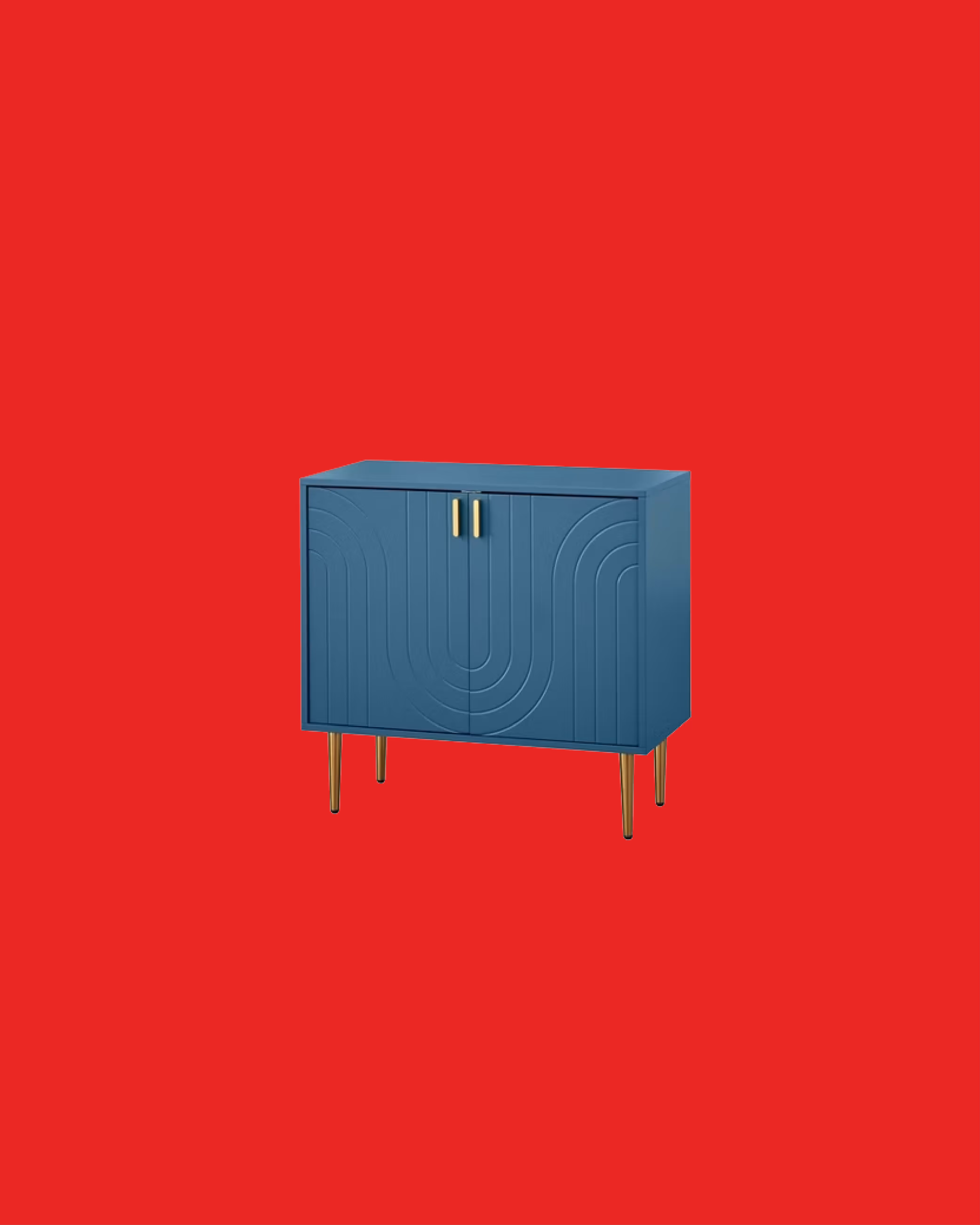 Blue mid-century modern cabinet with gold handles and legs, featuring curved line patterns on the doors.