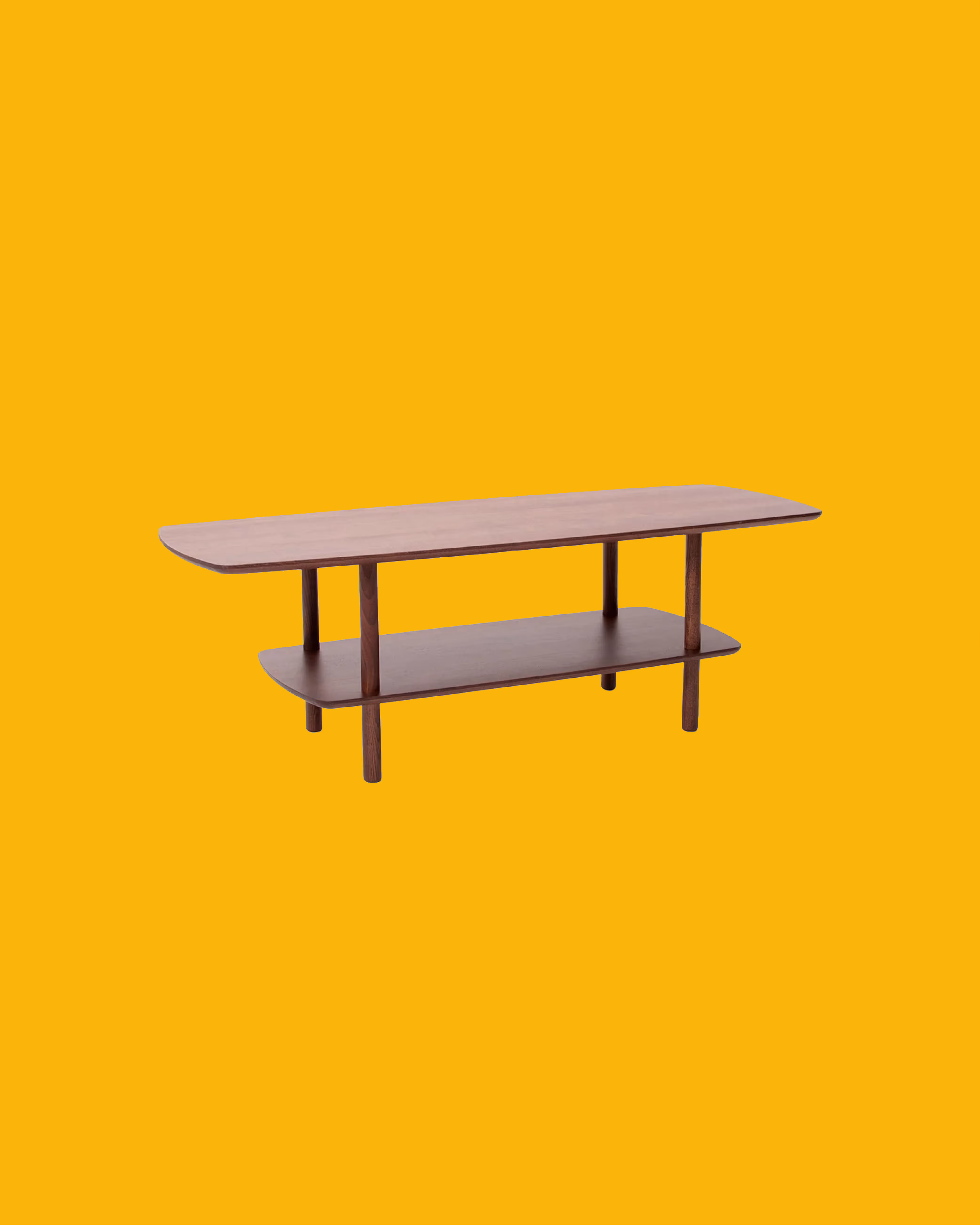 Rectangular wooden coffee table with rounded corners and a lower shelf, against a mustard yellow background.