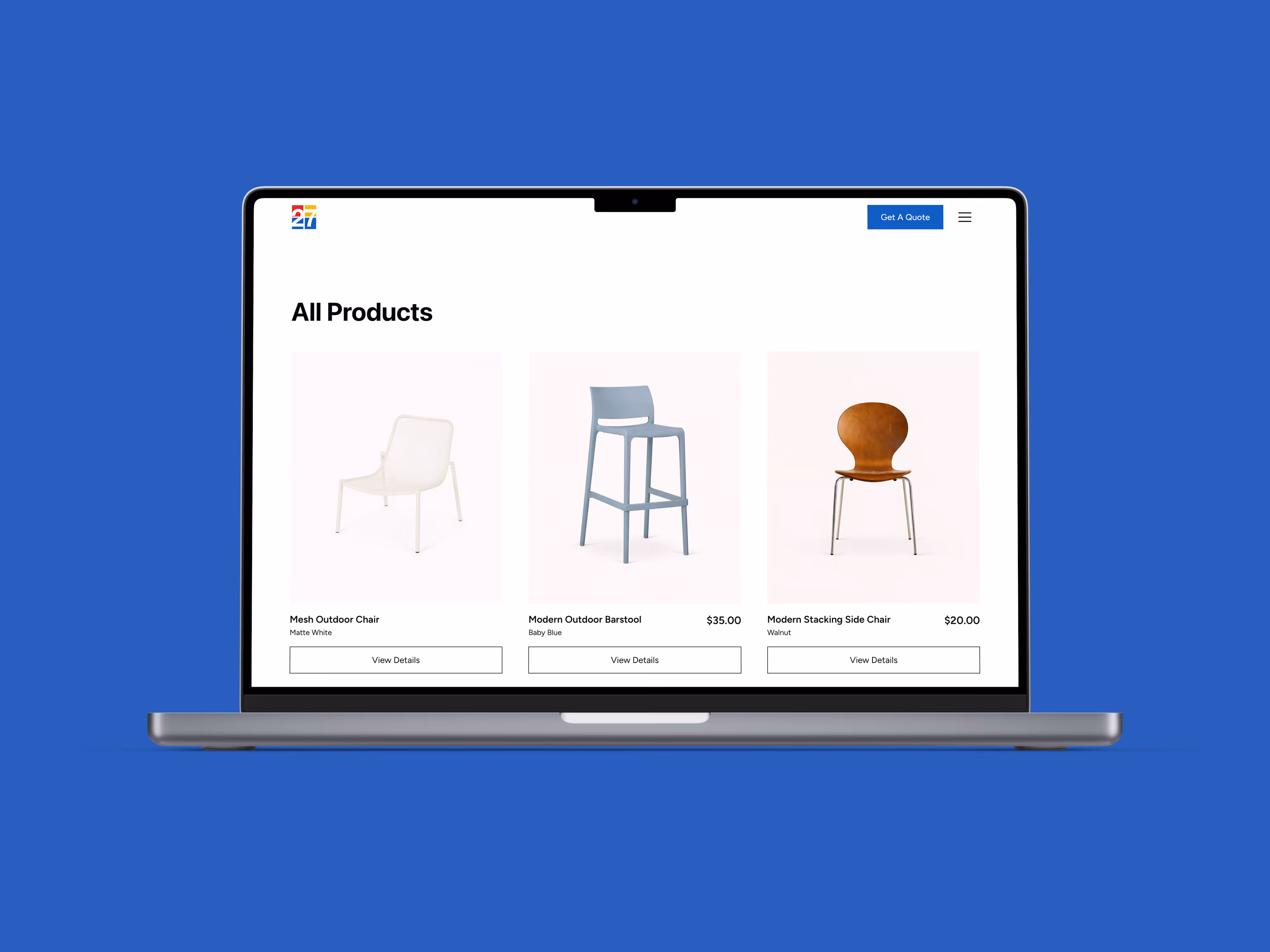 A laptop showing a furniture rental website on a blue background.