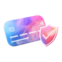 A large illustration of a blank debit card and a shield with a checkmark on it