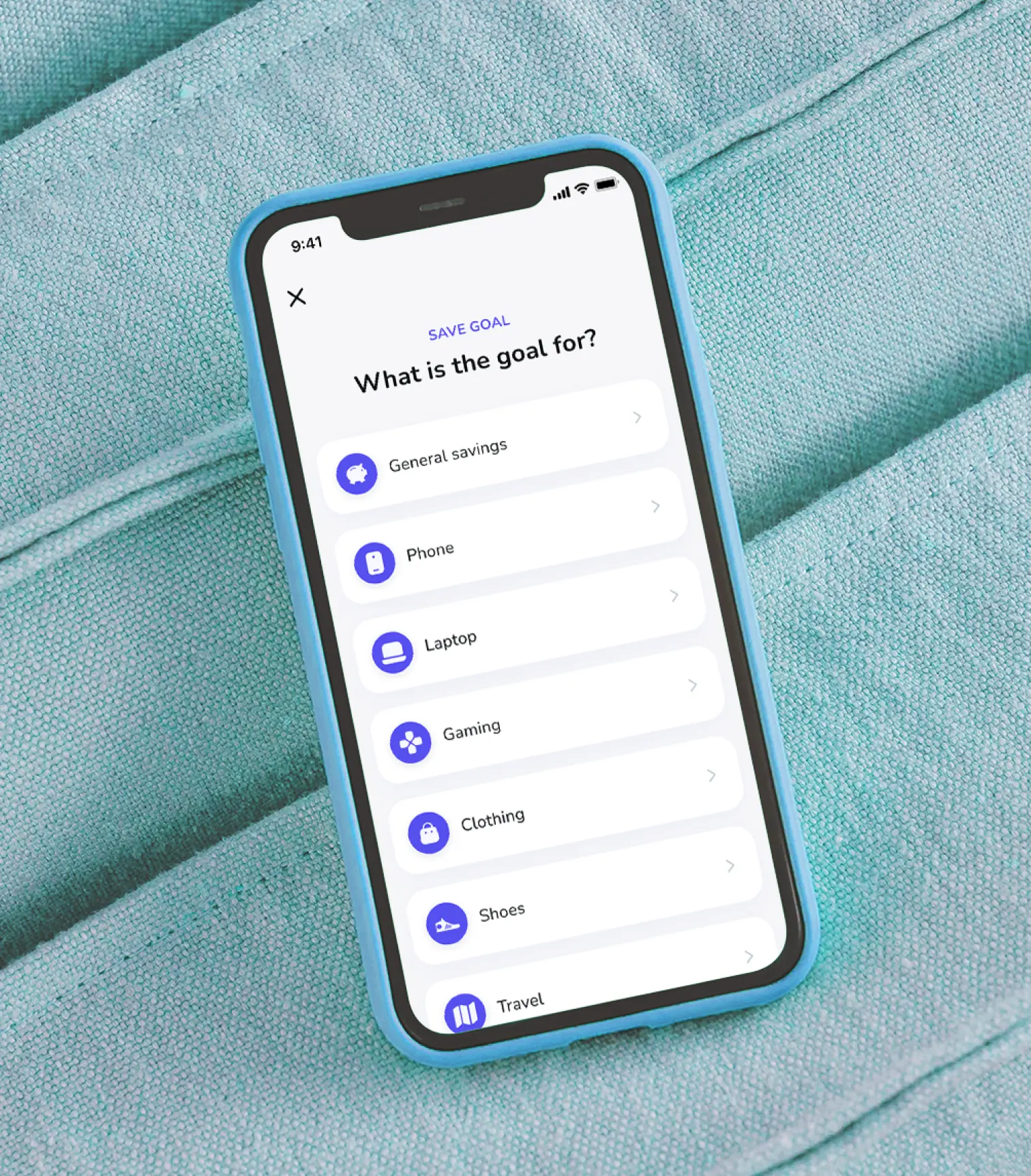 A screenshot of the Till mobile app showing someone creating a savings goal and choosing the goal category