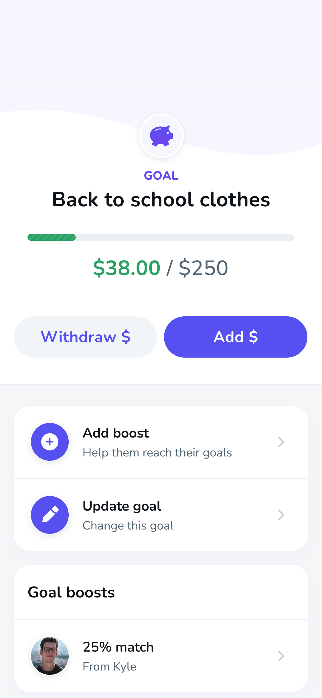 A screenshot of the Savings Goals page on the Till mobile app. It shows a kid's progress towards saving up for school clothes