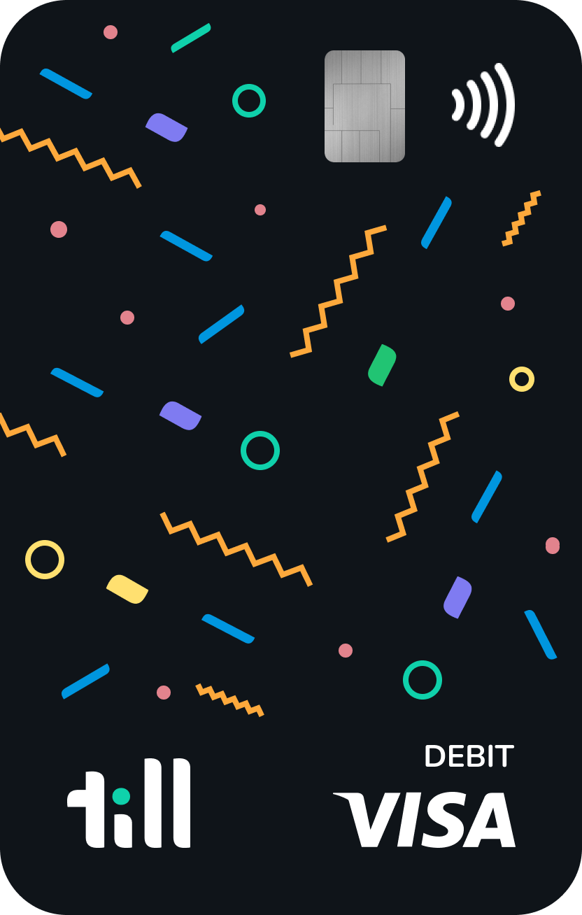A black debit card with colorful shapes and squiggles on it with Till and Visa logos at the bottom