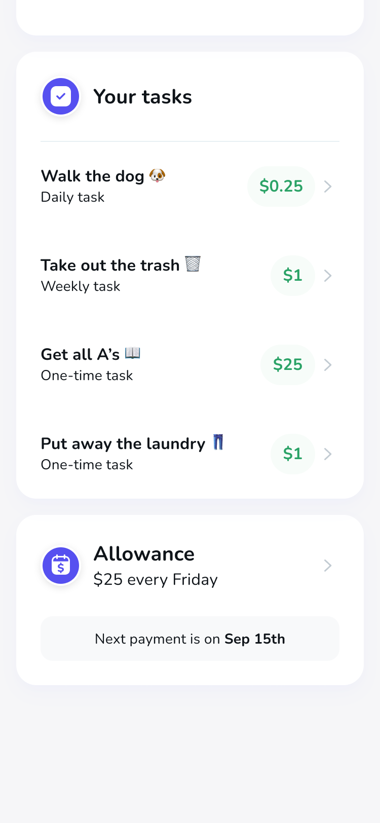 A screenshot of the Chores page on the Till mobile app. It shows a list of chores that a kid needs to complete