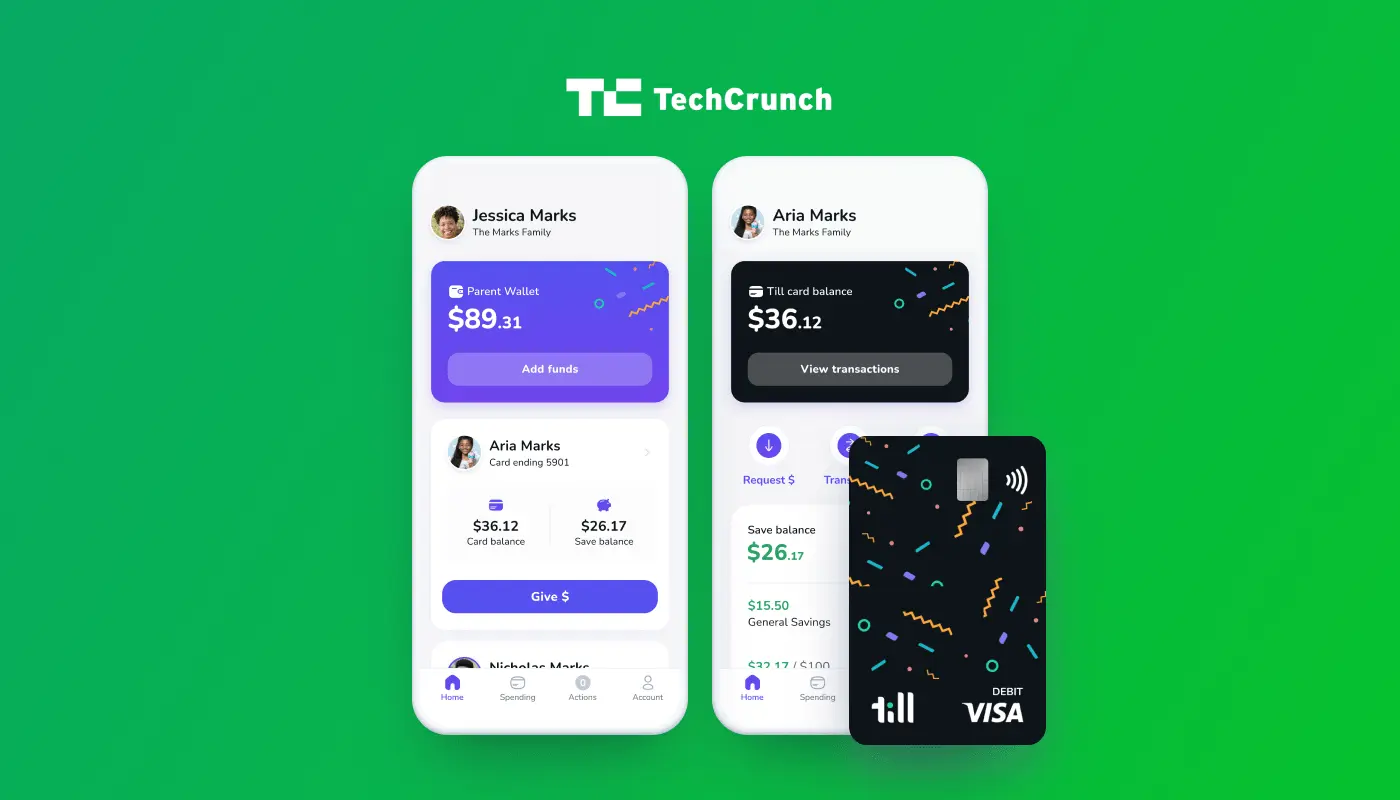 Screenshots of the Till mobile app on a green background below the Tech Crunch logo
