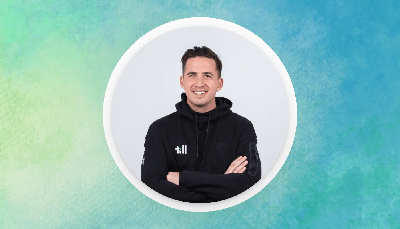 A headshot of Taylor Burton, CEO of Till Financial on a colorful blue and green textured background