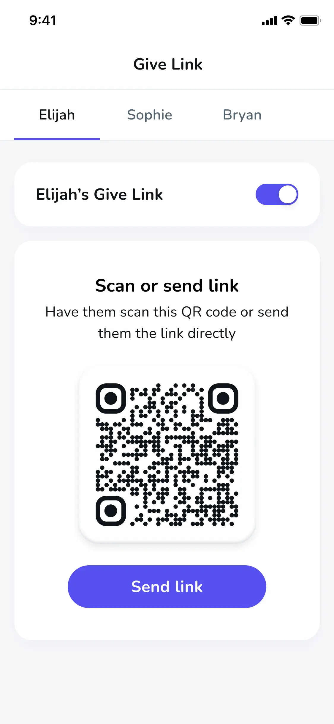 A screenshot from the Till Financial application showing the ability to send a Give Link to friends and family