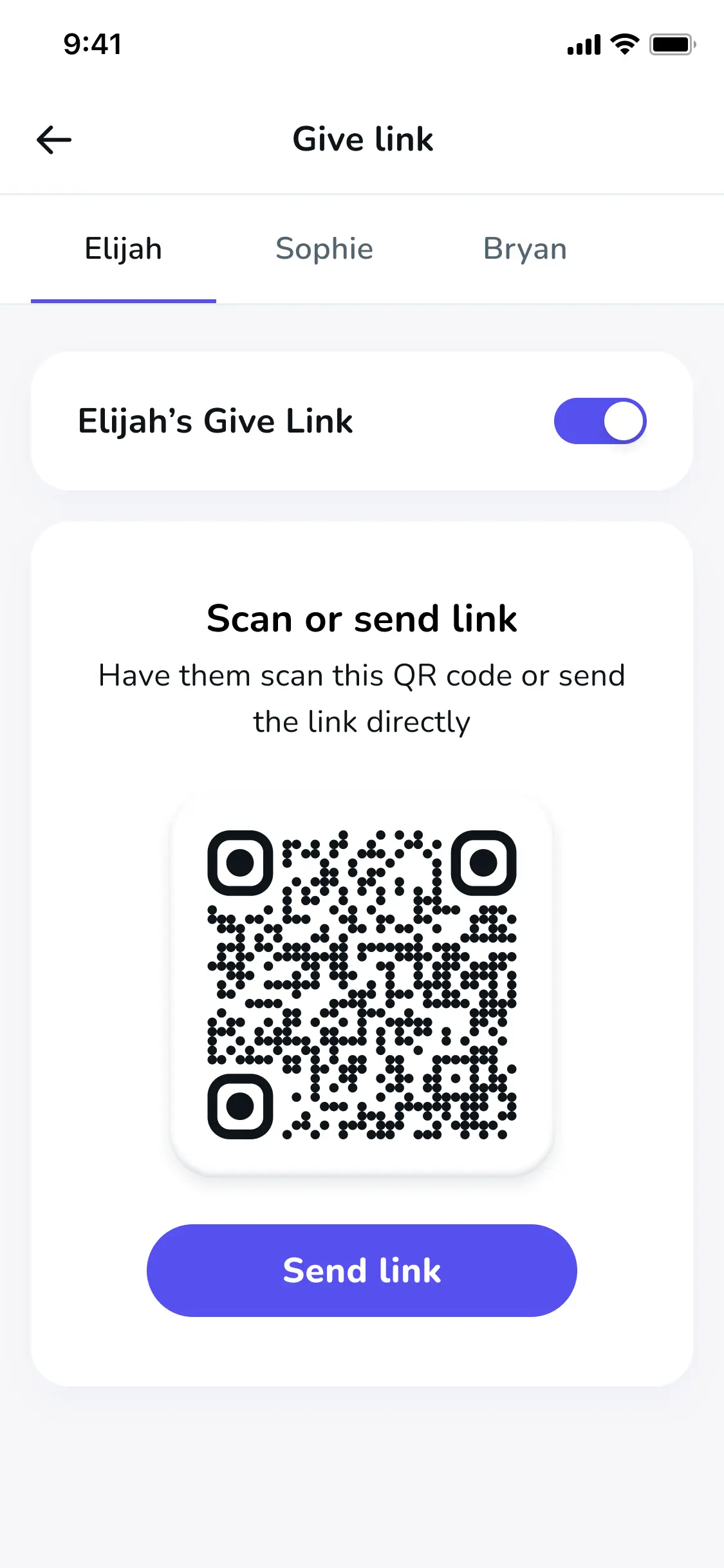 Screenshot of the UI of Give Link, Till's feature that lets extended family members send money to a kids debit card