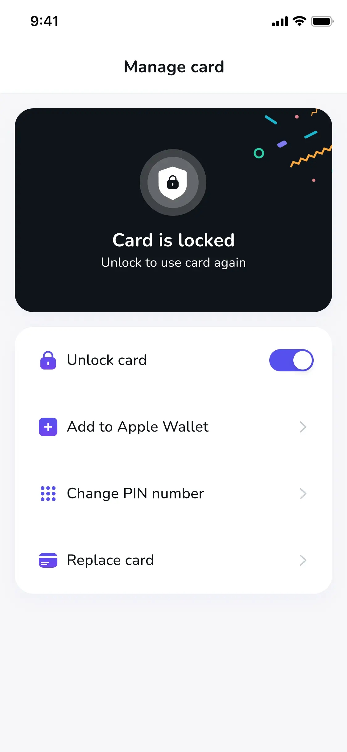A screenshot of a mobile application showing the ability to lock a kid's debit card with a toggle