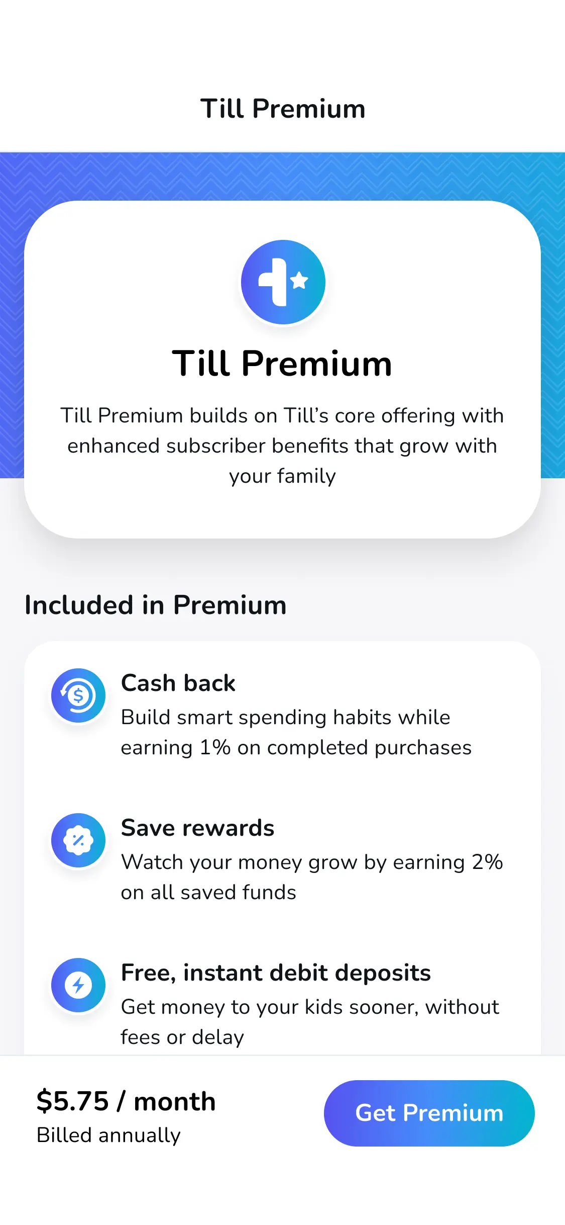 A screenshot of the Till app showing the features that are included with a premium subscription