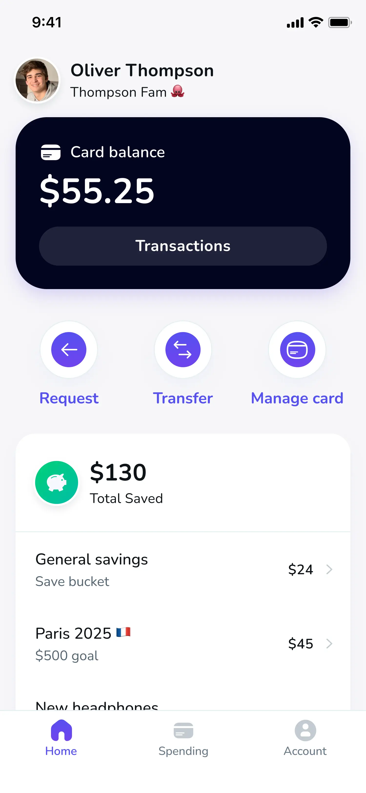 The home screen of the Till kid mobile app that shows core functionality like seeing their debit card and savings balances