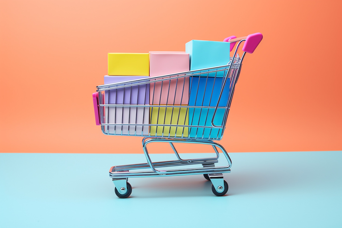 A shopping cart filled with multi-colored boxes against an orange wall and blue floor.