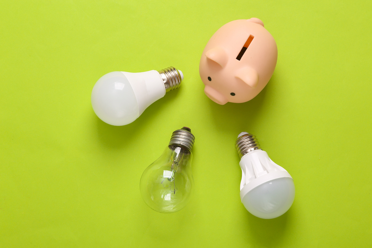A piggy bank set against a lime green background with three lightbulbs fanning out facing away from the piggy bank
