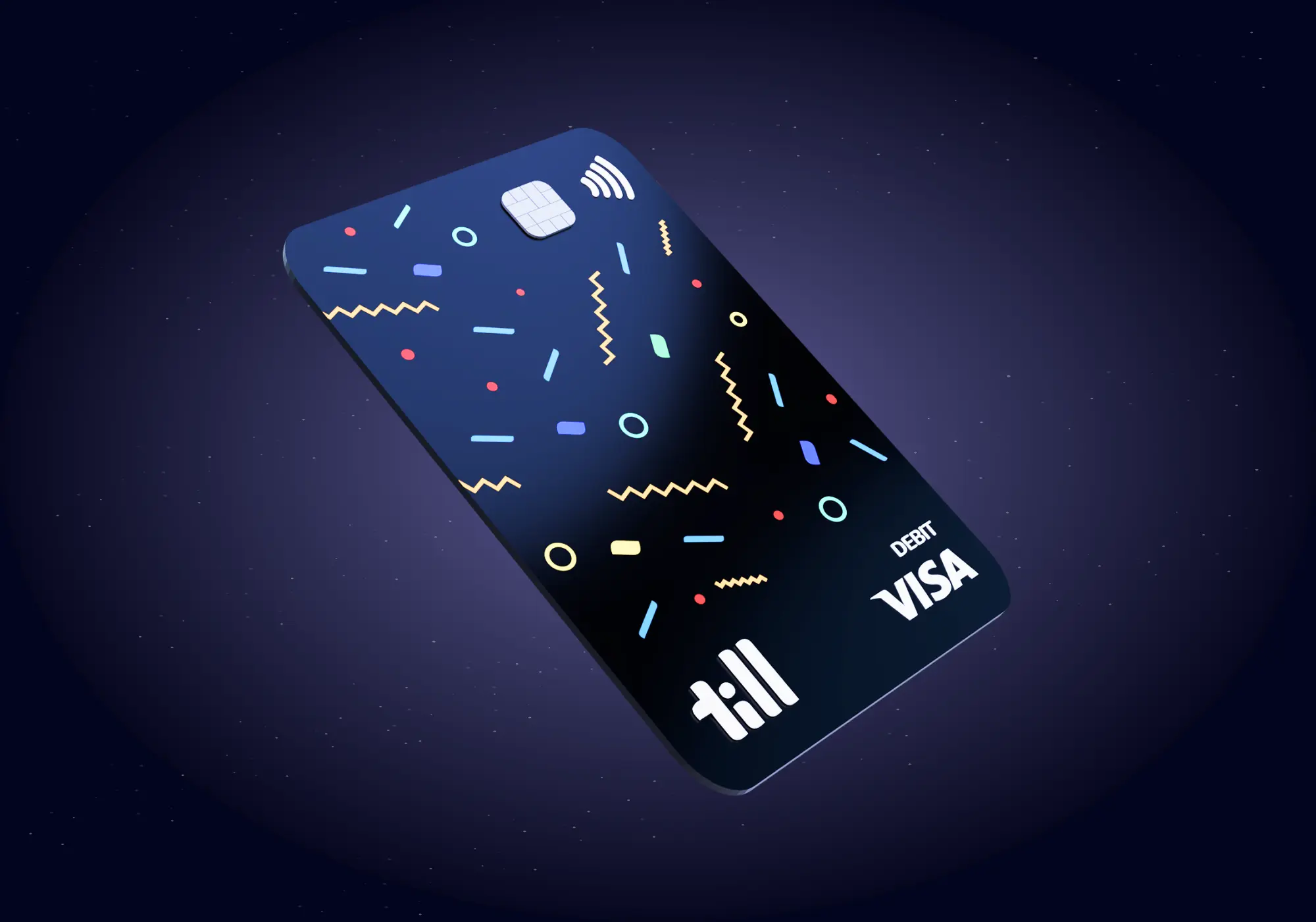 An image of a black kids debit card with colorful confetti on it, floating in space with a black and glowing background.