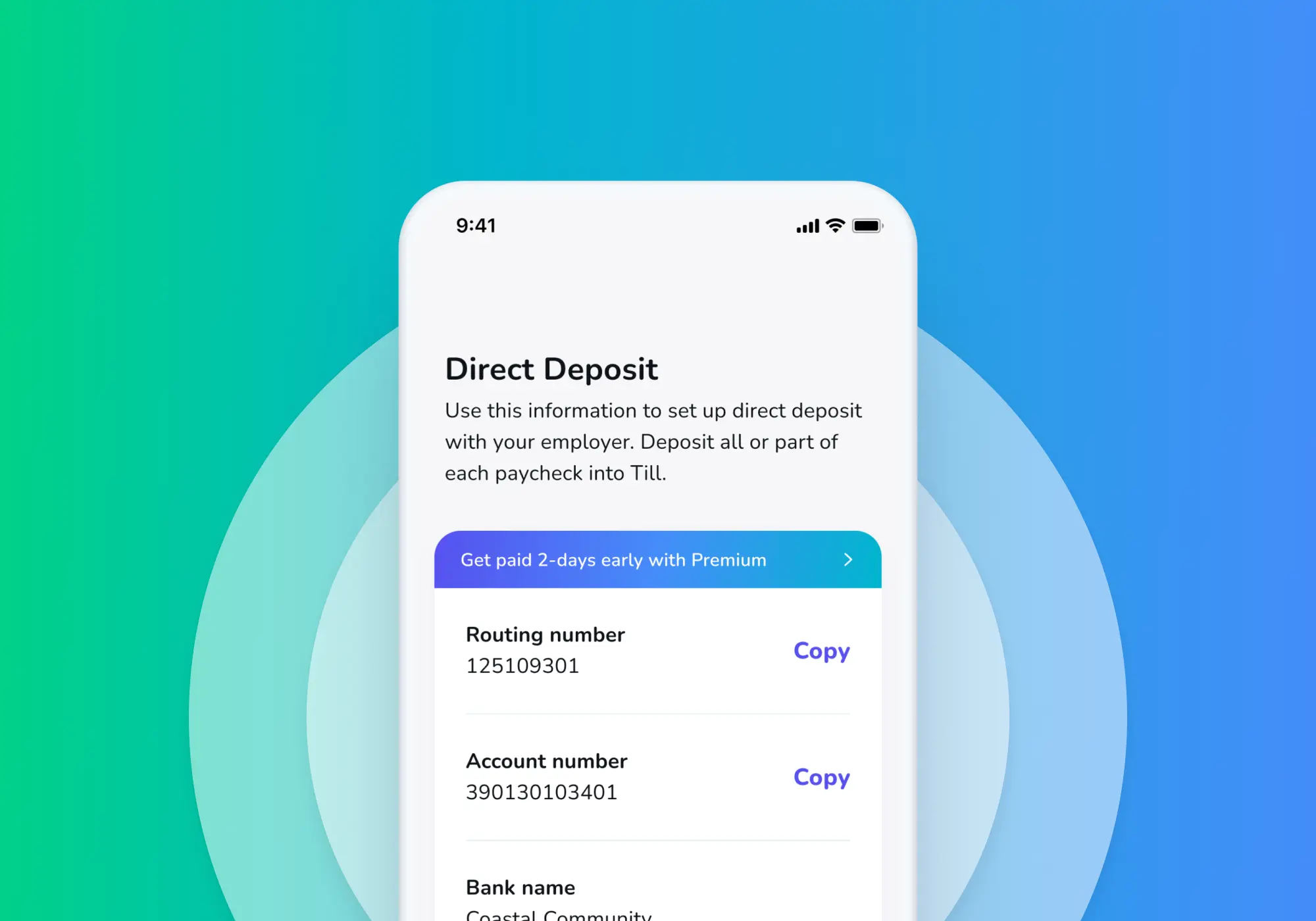 A screenshot of the Till app showing how kids can set up direct deposit