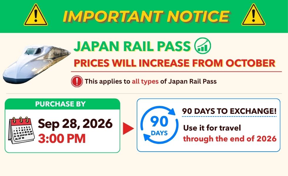 ‼️Purchase by 9/28 (Mon) at 3pm‼️ーJAPAN RAIL PASS PRICES WILL INCREASE FROM OCTOBER📢