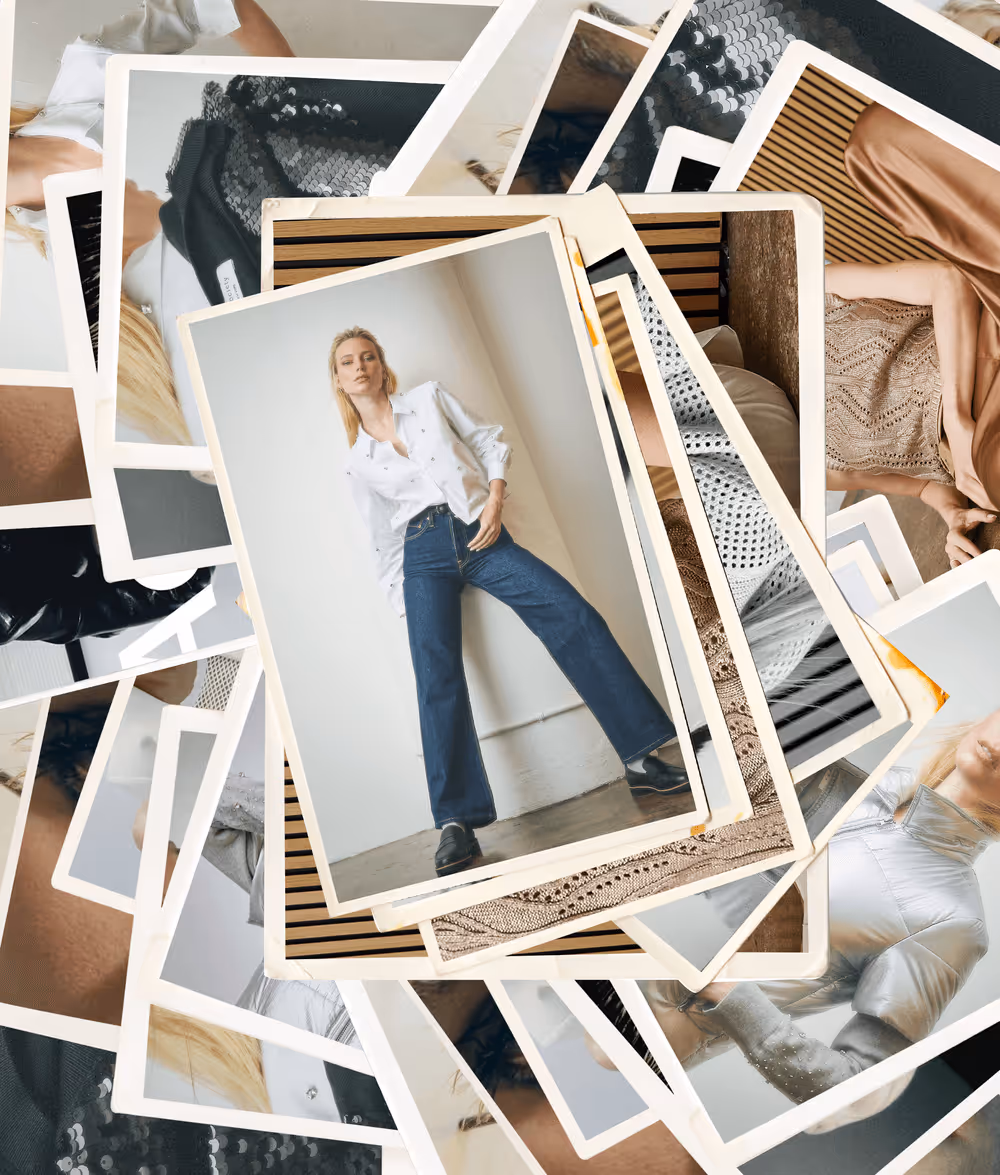 Stylish woman posing indoors wearing a white button-up shirt, blue wide-leg jeans, and black shoes, featured in a stack of layered photo prints.