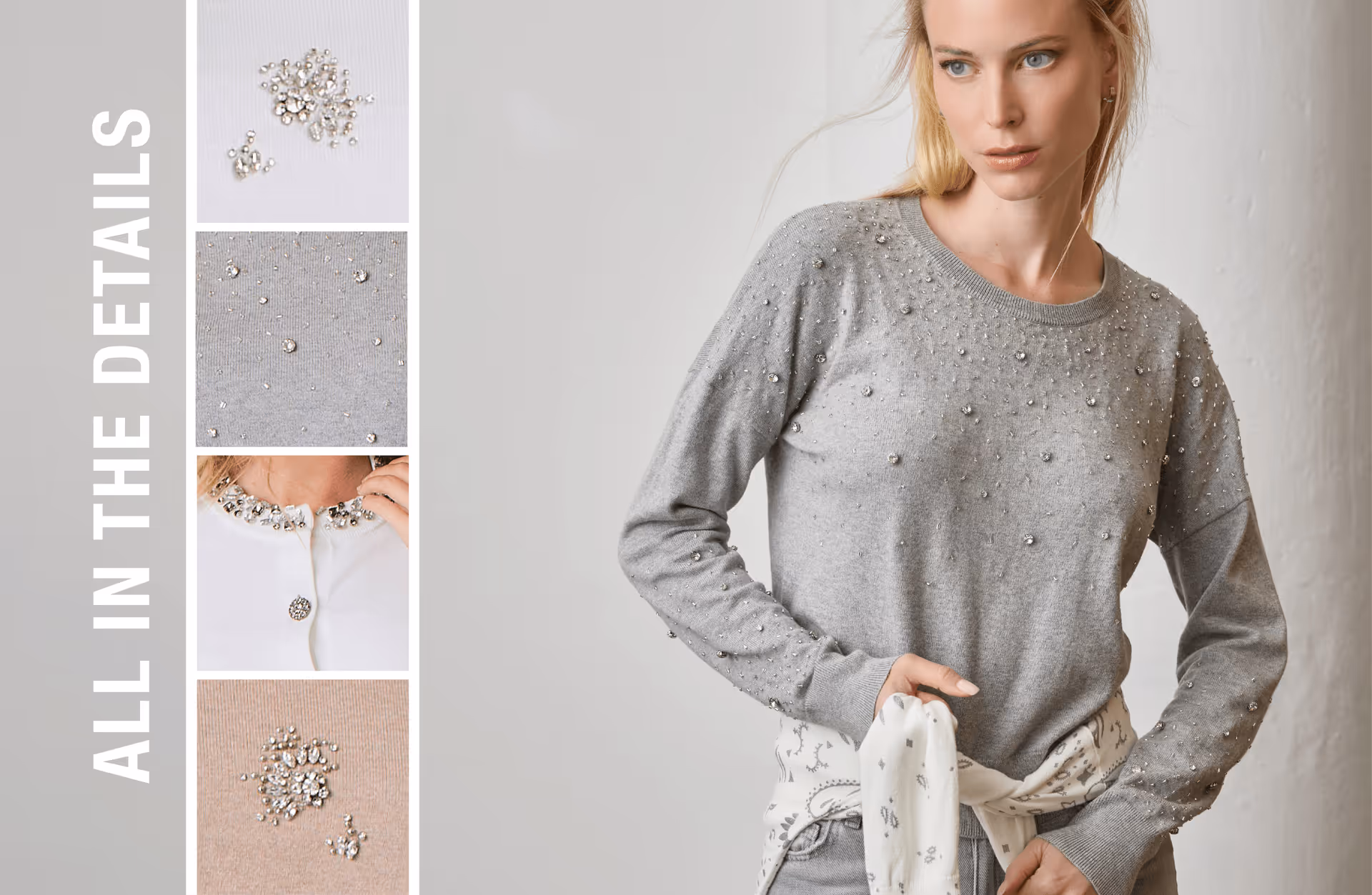 Woman wearing a grey sweater embellished with small sparkling beads, alongside close-up images of detailed beadwork on various sweaters.