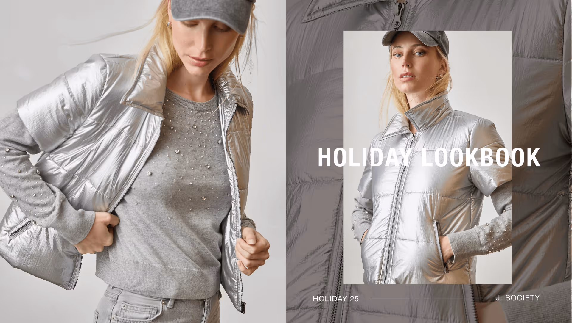 Woman wearing a silver puffer jacket over a grey sweater with pearl embellishments and a grey cap, promoting a holiday lookbook.