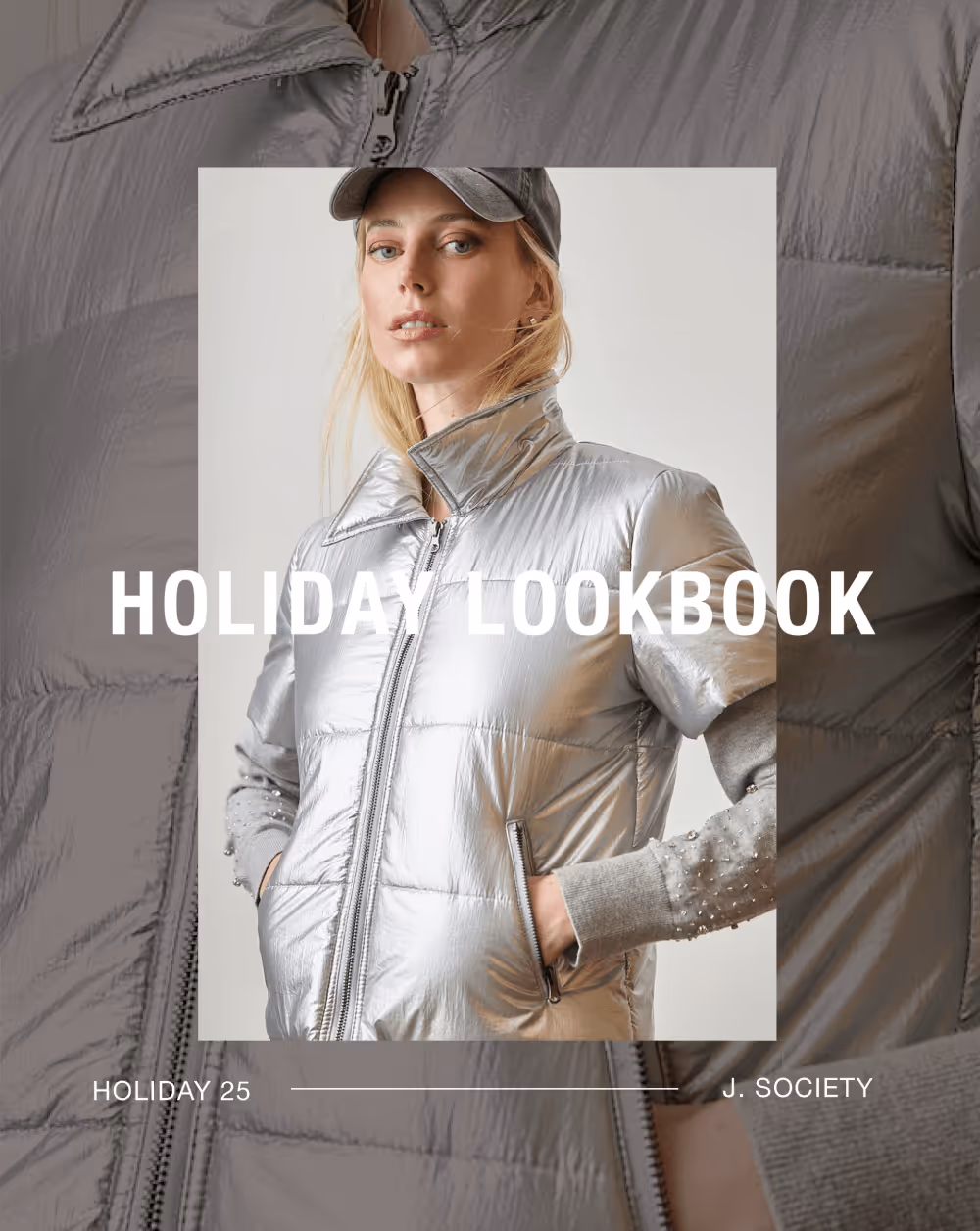 Woman wearing a silver puffer jacket over a grey sweater with pearl embellishments and a grey cap, promoting a holiday lookbook.