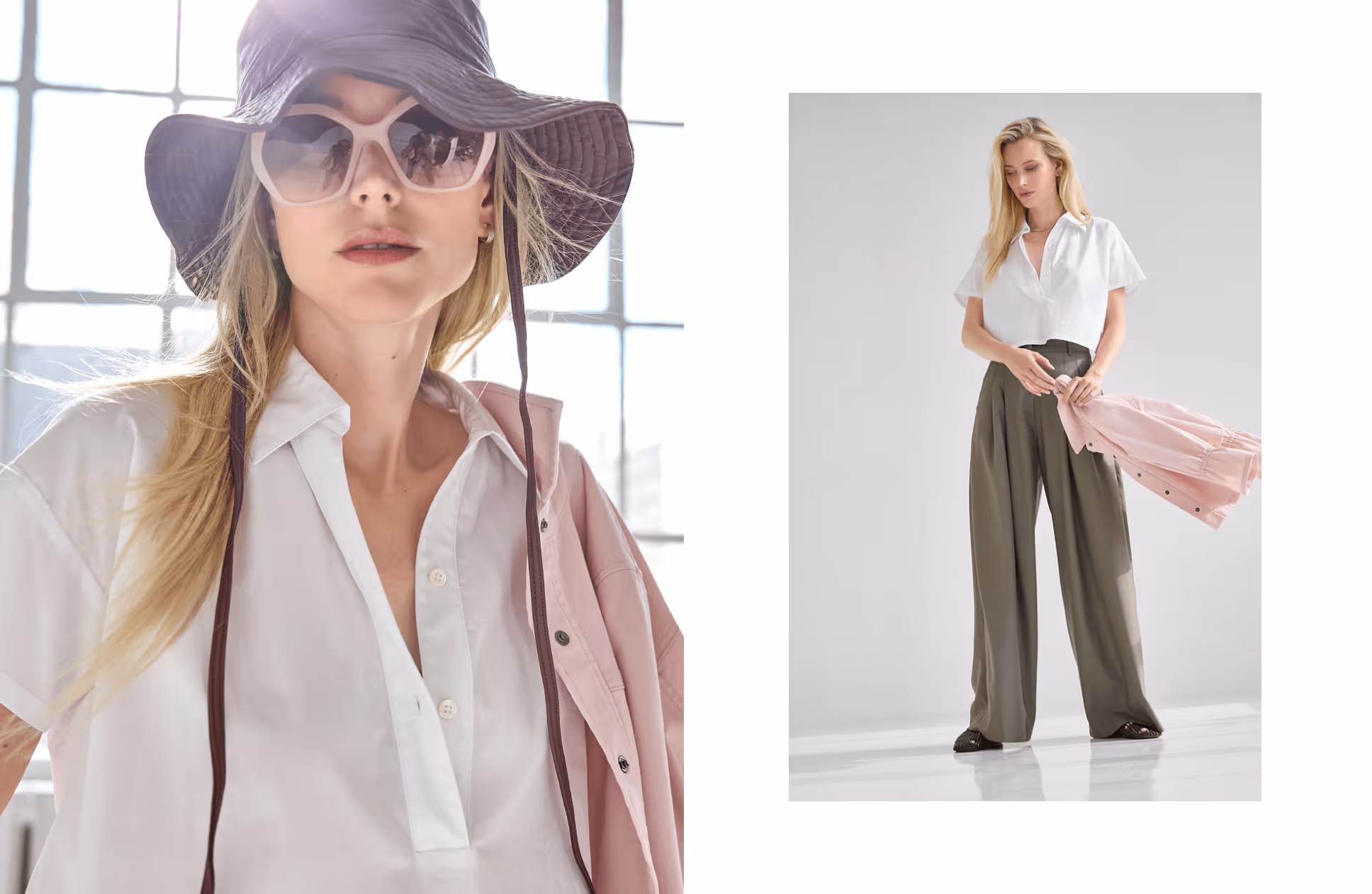 Blonde woman wearing a wide-brimmed hat, sunglasses, a white button-up shirt, and holding a pink jacket, paired with wide-leg olive pants.