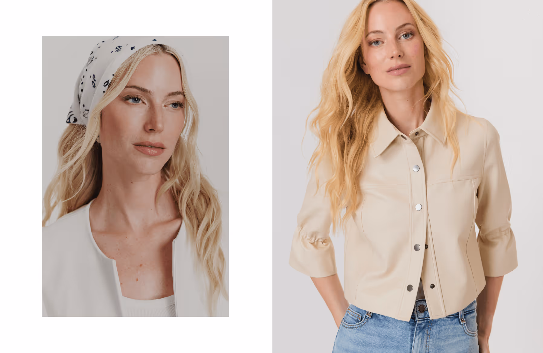 Blonde woman with loose waves wearing a beige jacket and light blue jeans on the right, and the same woman with a white bandana patterned with black designs and a white top on the left.