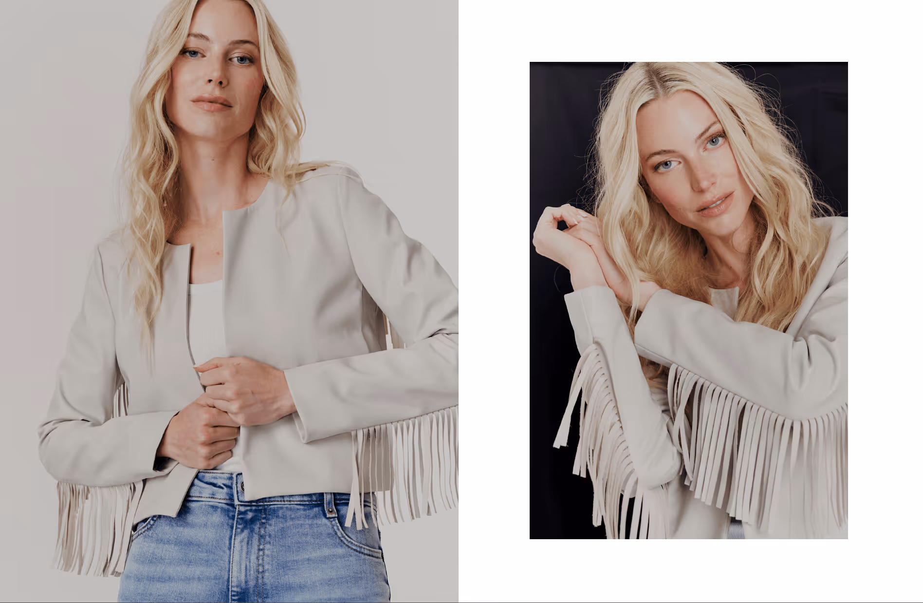 Blonde woman wearing a light beige fringed jacket and blue jeans posing against a neutral background.