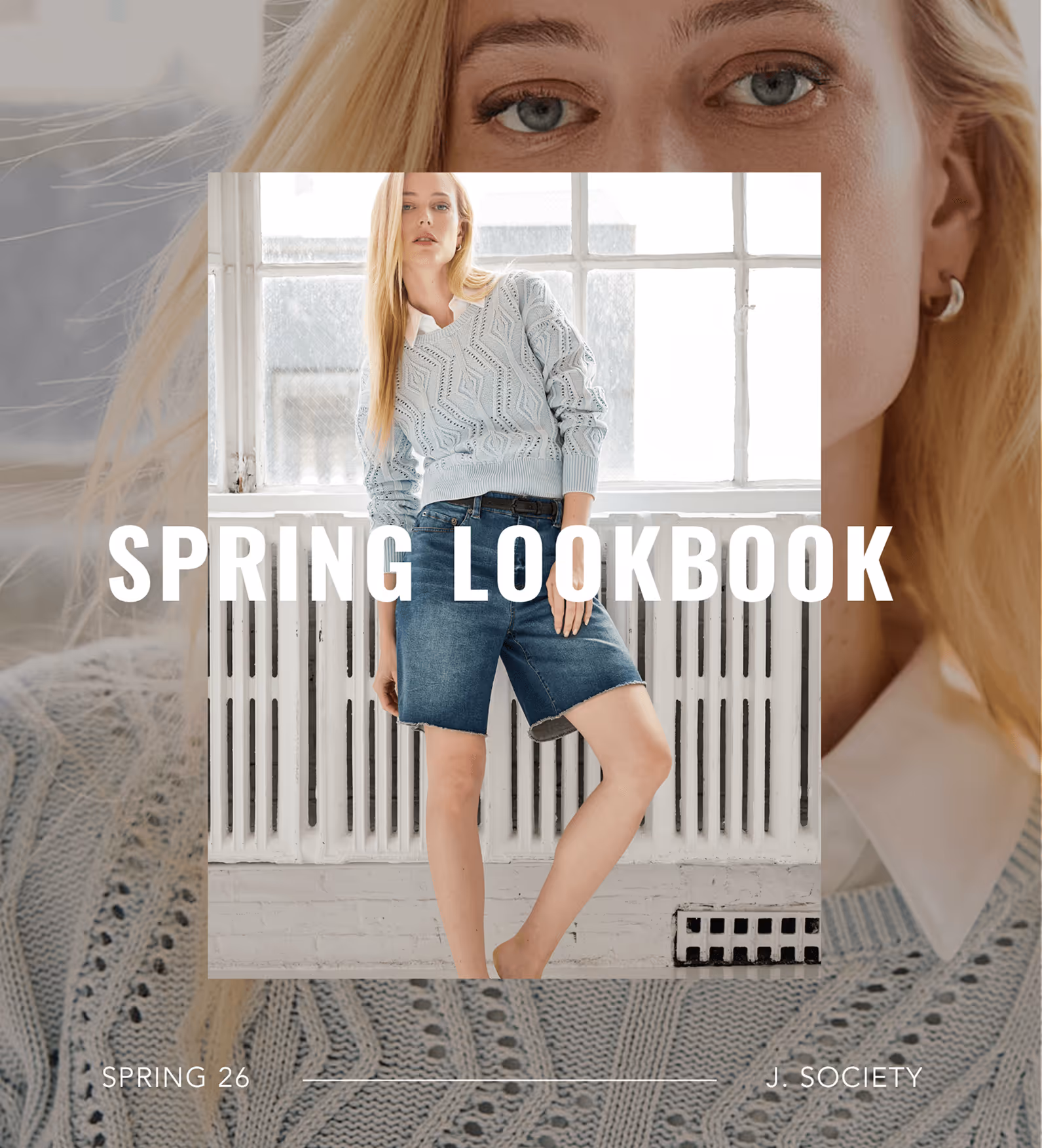 Woman wearing a silver puffer jacket over a grey sweater with pearl embellishments and a grey cap, promoting a holiday lookbook.