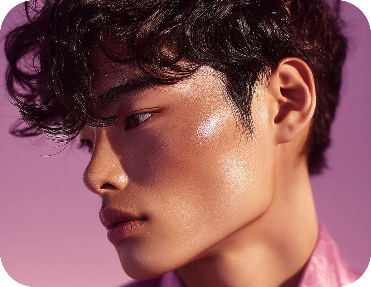 Close-up profile of a young person with glowing, dewy skin and curly dark hair against a pink background.