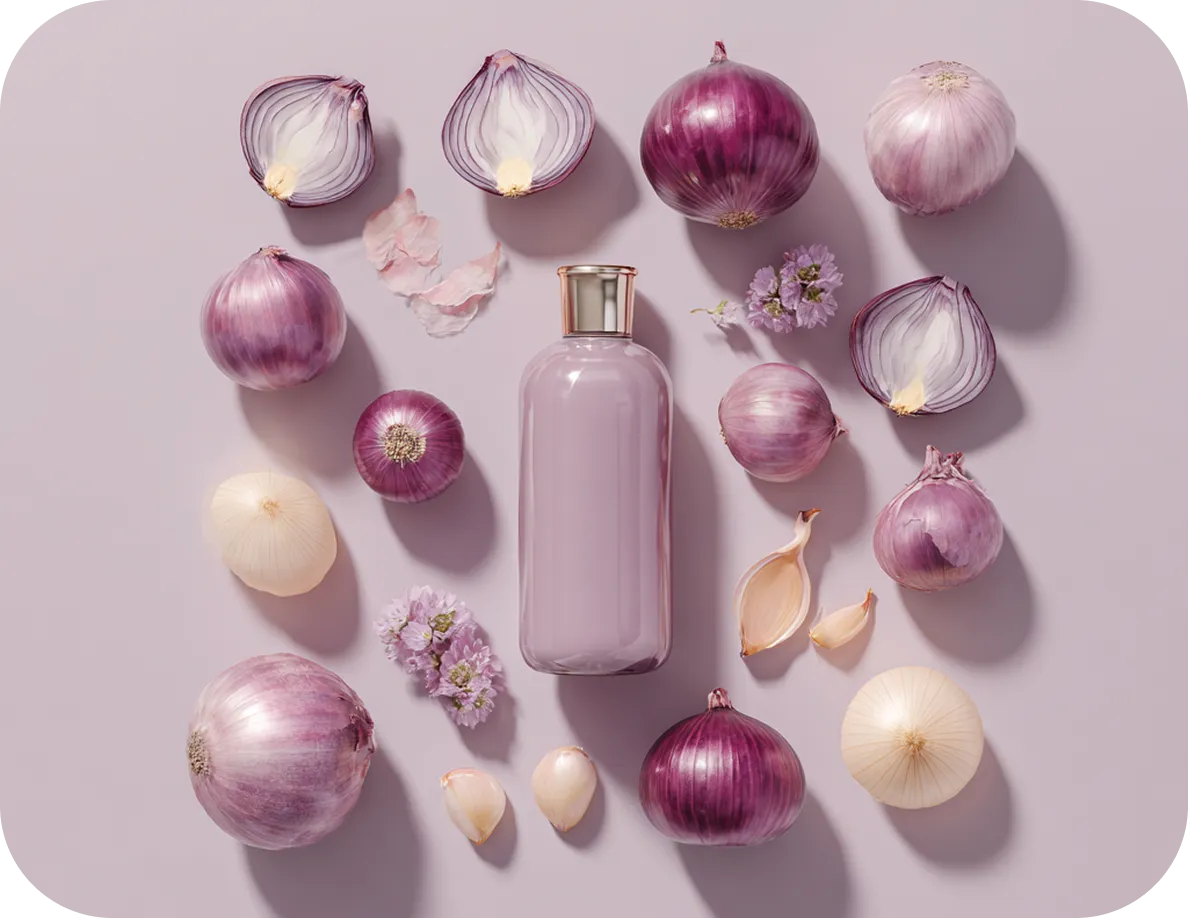 Flat lay of a purple cosmetic bottle surrounded by whole and halved red onions, garlic cloves, and small purple flowers on a light purple background.