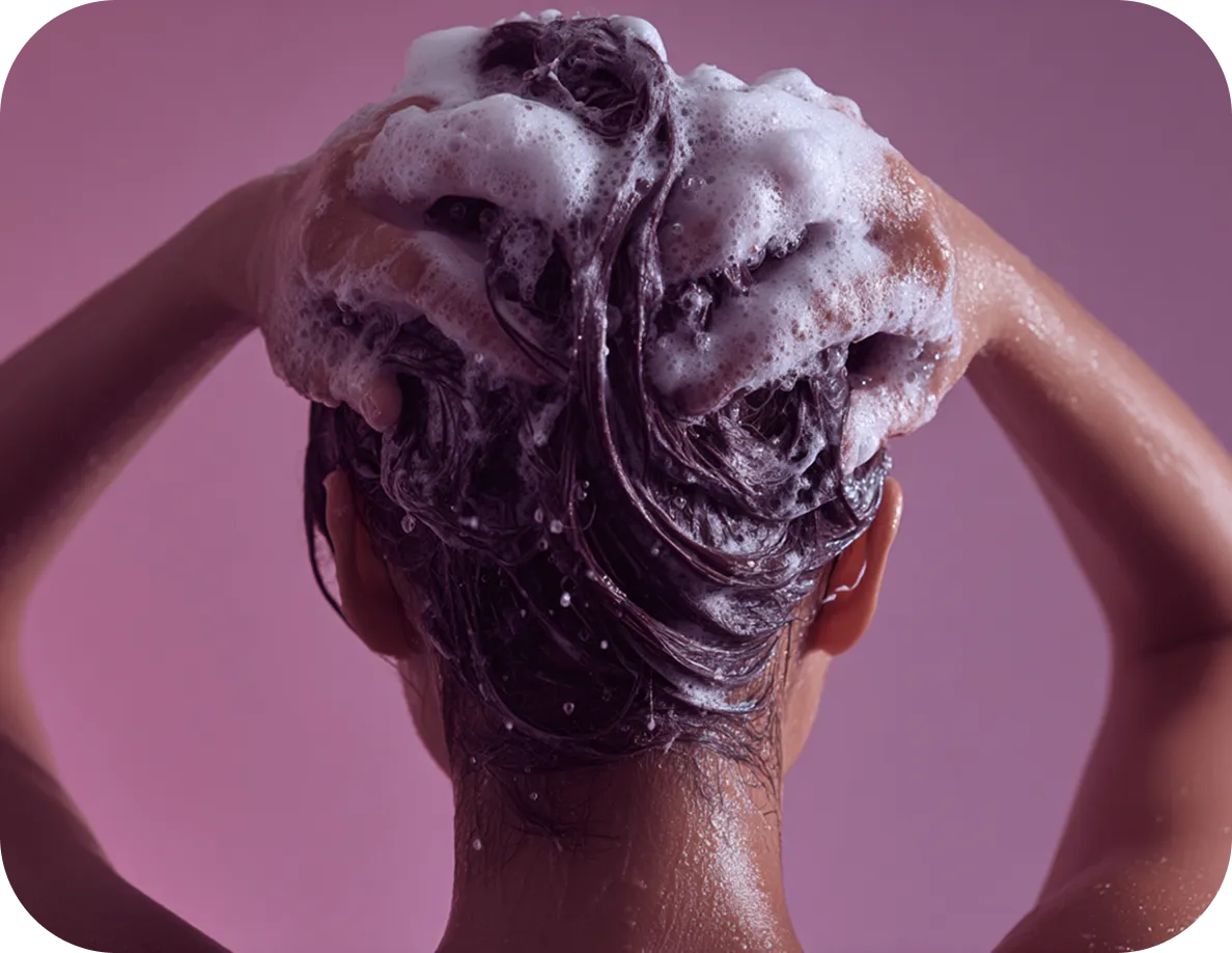 Person washing dark hair with soap foam under running water against a pink background.