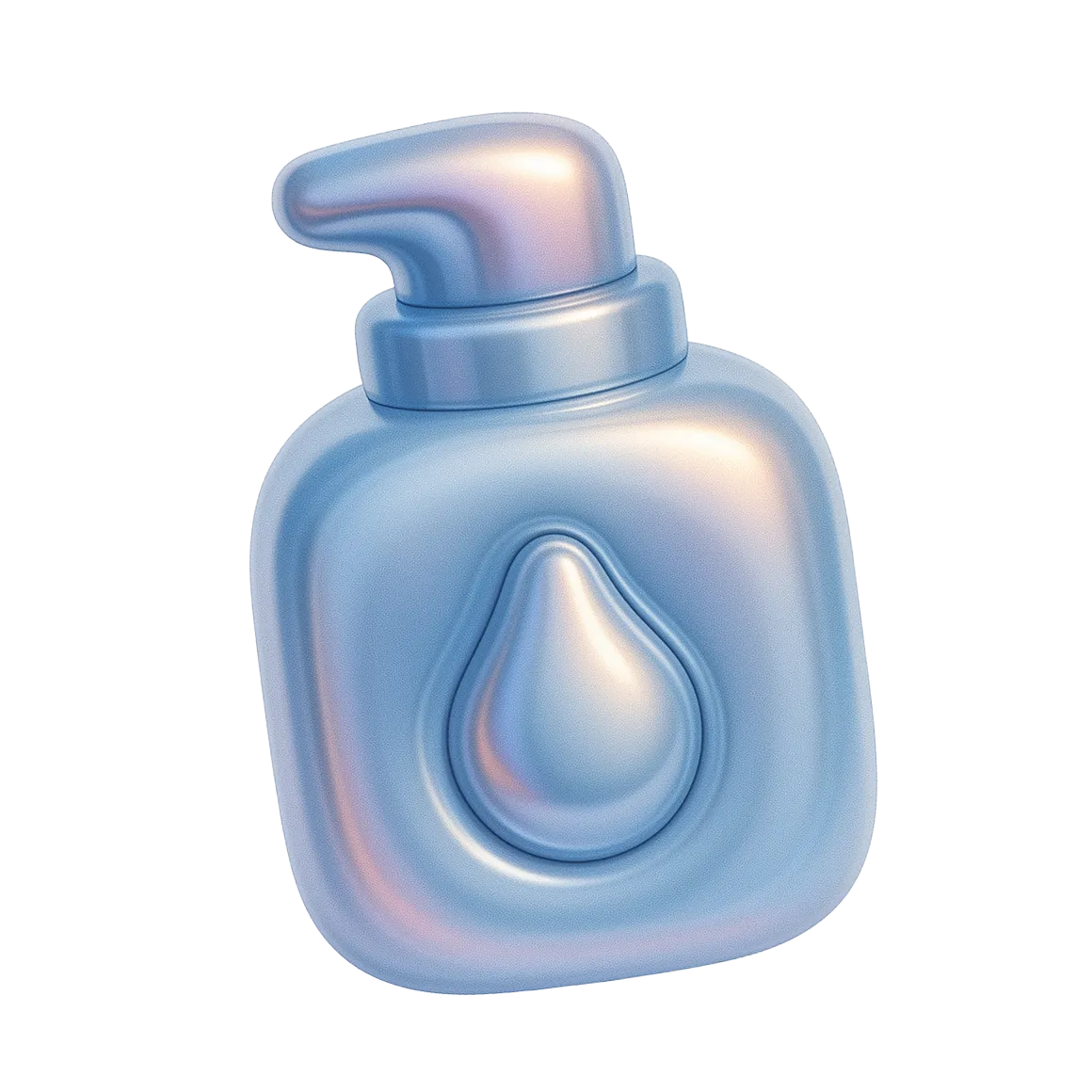 Blue pump bottle with a teardrop shape embossed on the front.