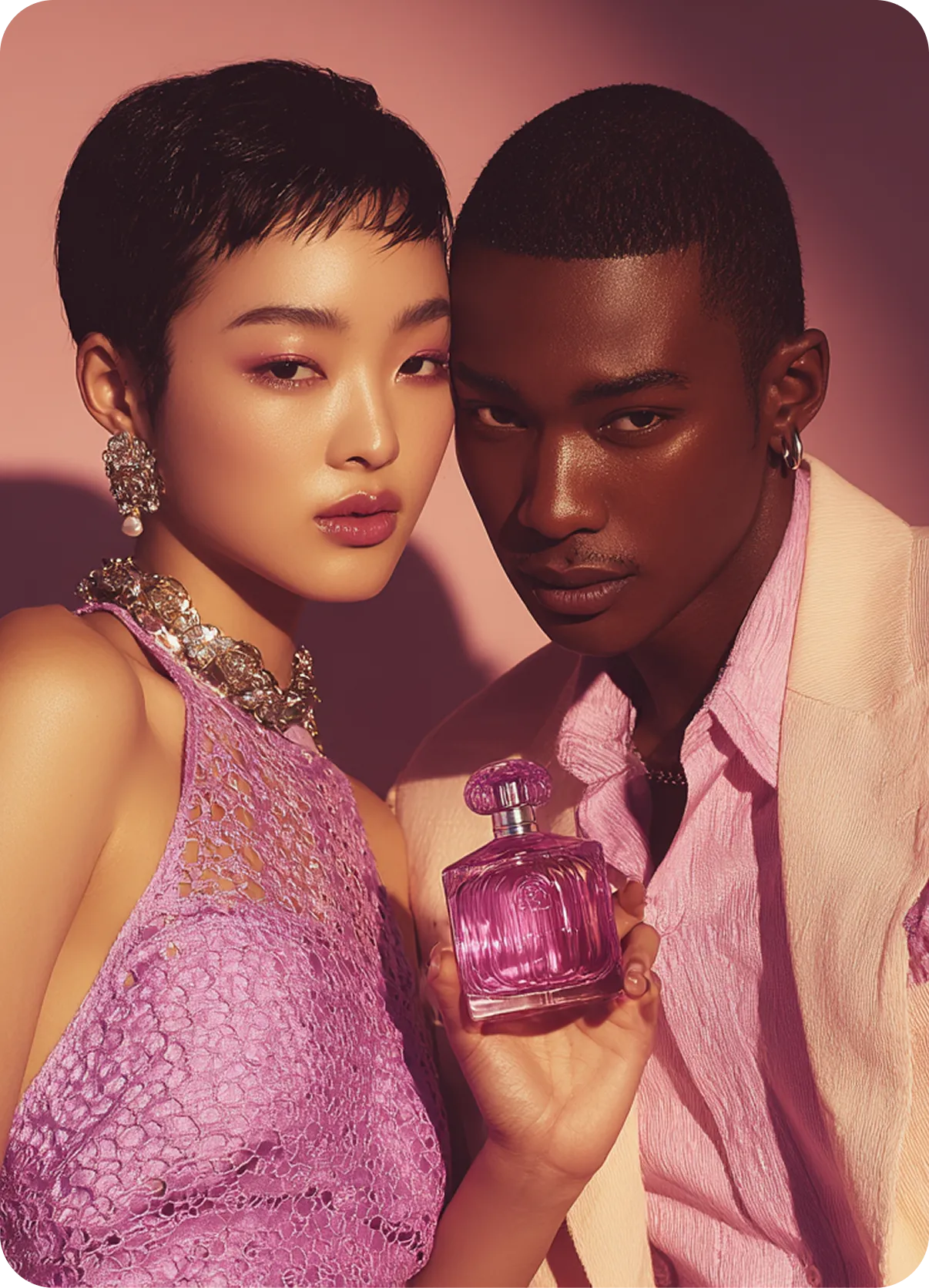 Close-up of a stylish woman in a purple lace top and man in light pink jacket holding a purple perfume bottle.