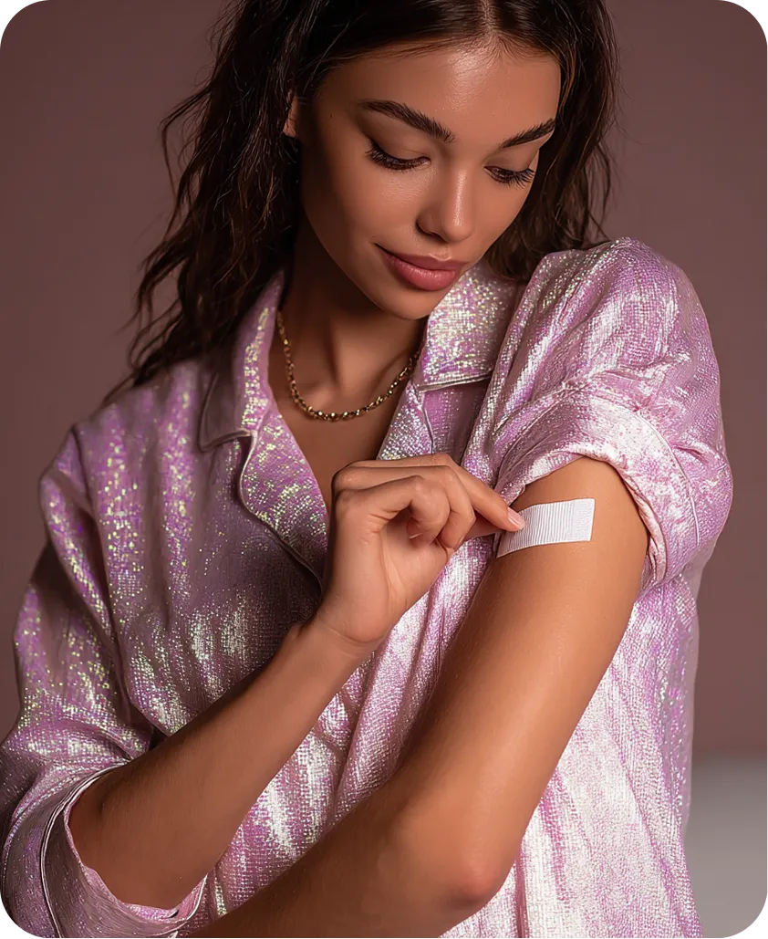 Woman in a shiny pink shirt looking down as she applies a white adhesive bandage to her upper arm.