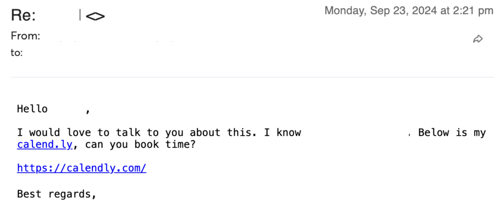 An email inviting the recipient to book a meeting via a Calendly link to discuss a topic further.