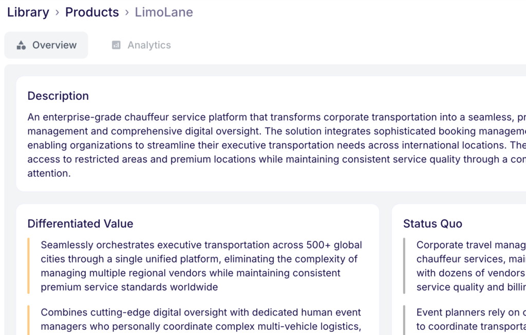 A software interface for "LimoLane" displays sections for Description, Differentiated Value, and Status Quo, highlighting its enterprise chauffeur platform features and industry challenges. - LimoLane Case Study
