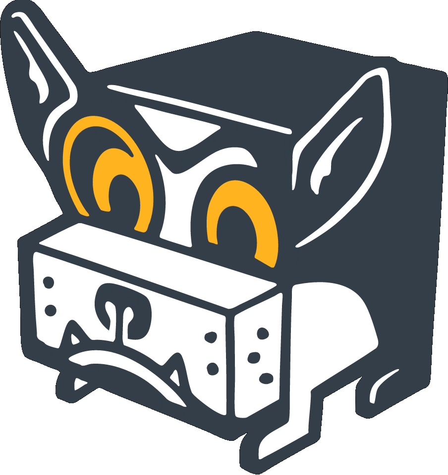 Stylized cartoon dog with square-shaped body, large orange eyes, and prominent ears.