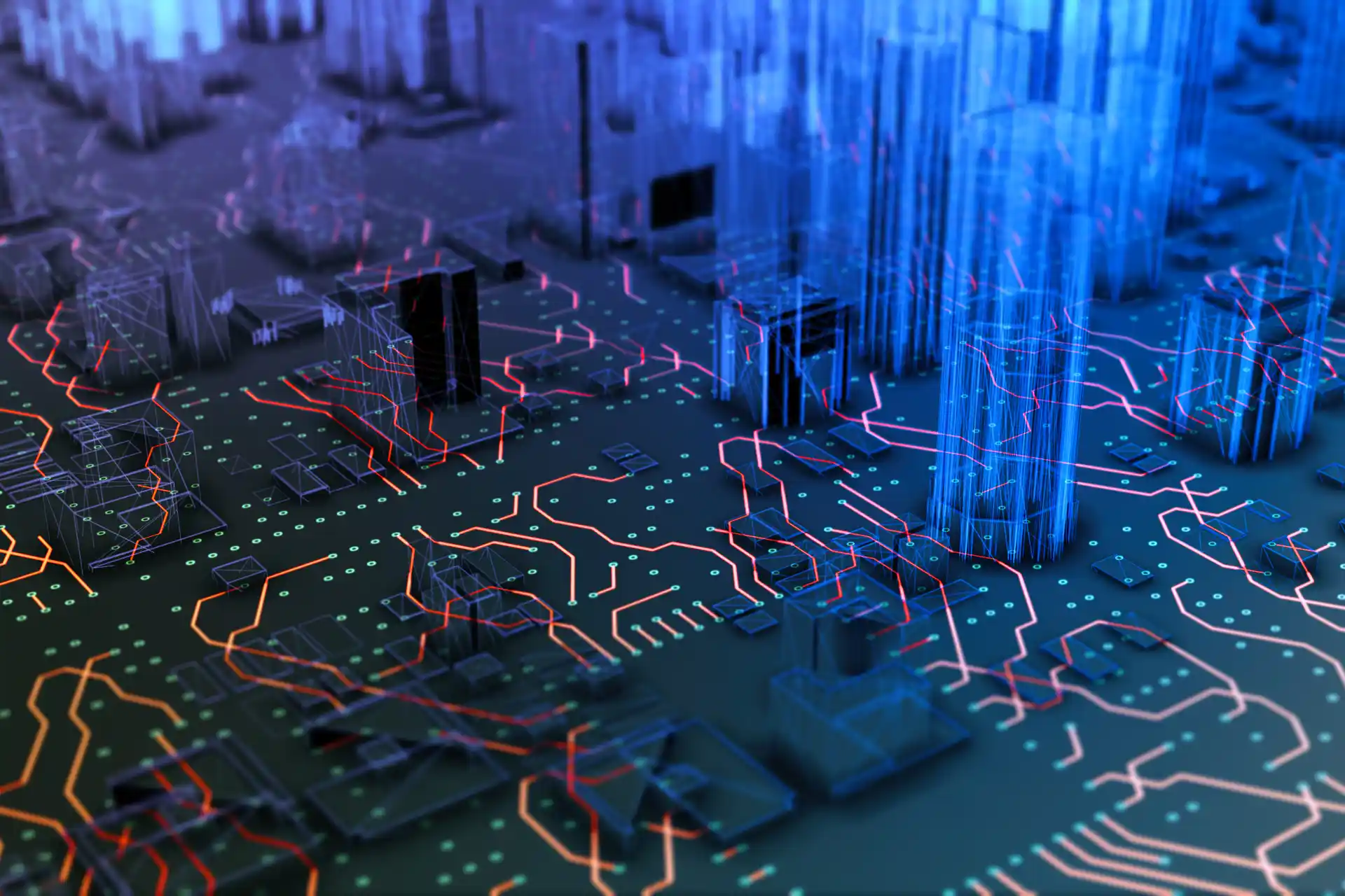 Abstract digital infrastructure network with glowing data pathways and interconnected systems representing IT architecture, integrations, and scaling technology operations in a growing B2B company.